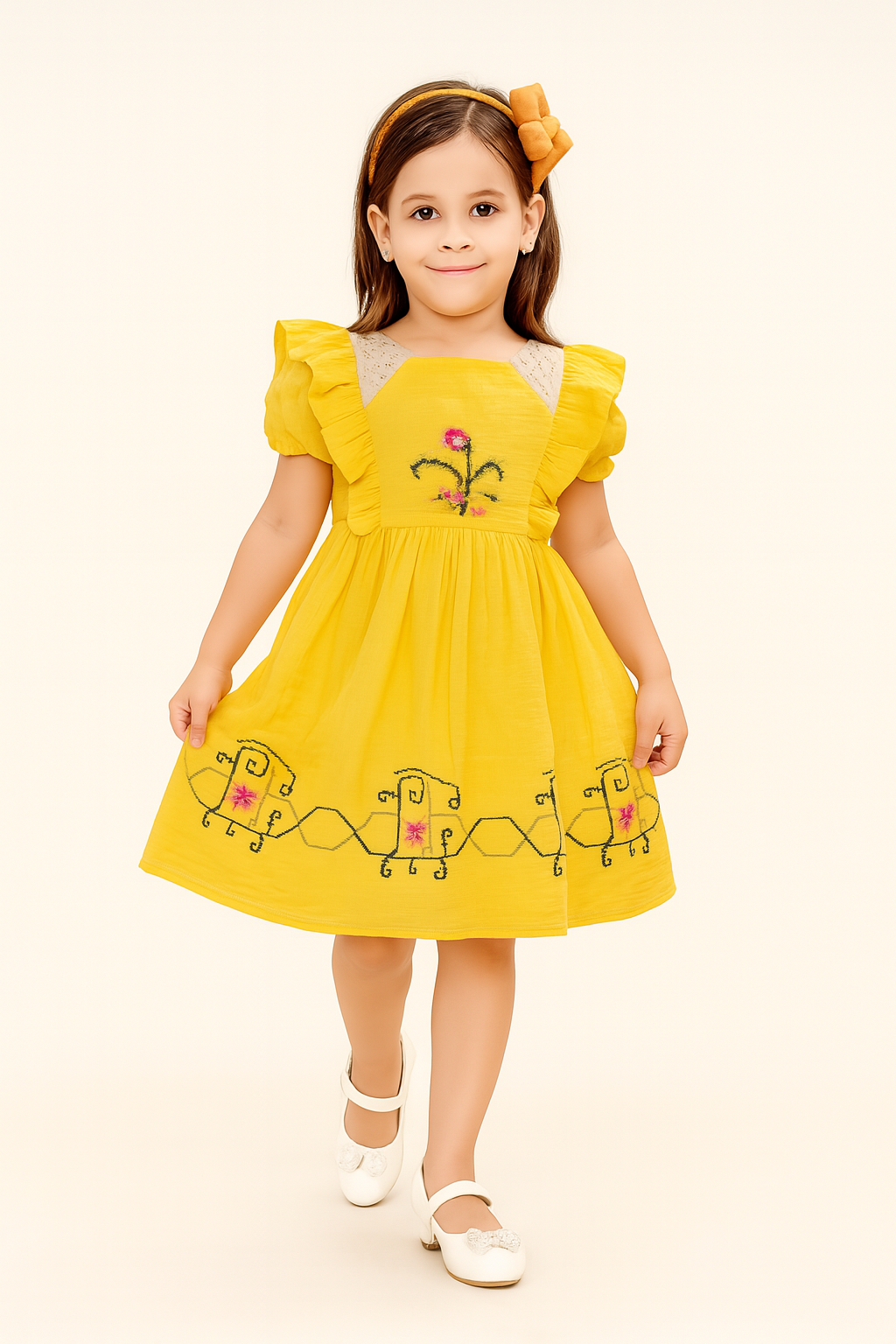 TINY TWILLS Girls Yellow Cotton Dress – Ruffle Sleeve Frock with Cross-Stitch Floral Embroidery & Lace Yoke | Ethnic Festive Wear