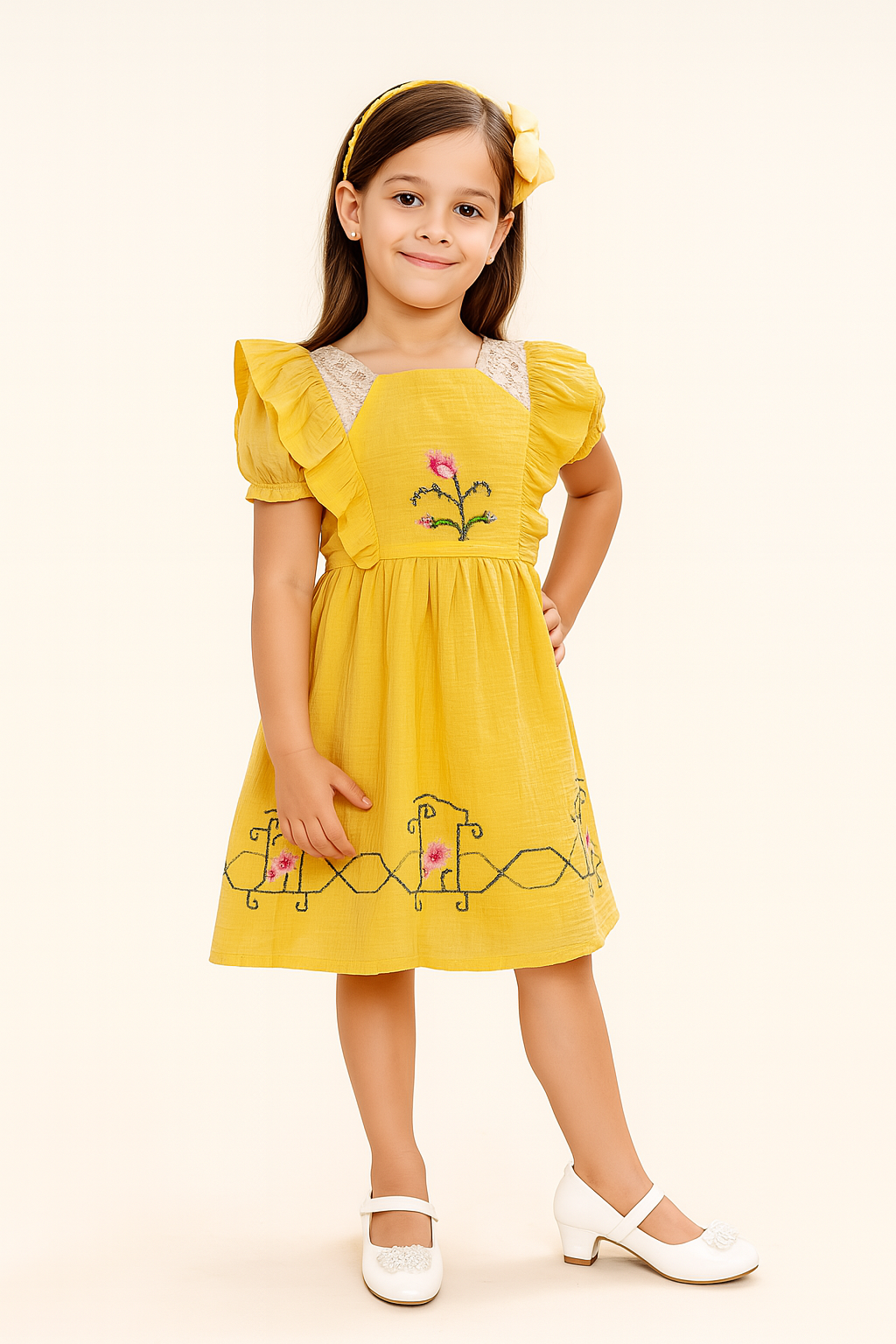 TINY TWILLS Girls Yellow Cotton Dress – Ruffle Sleeve Frock with Cross-Stitch Floral Embroidery Lace Yoke Ethnic Festive Wear