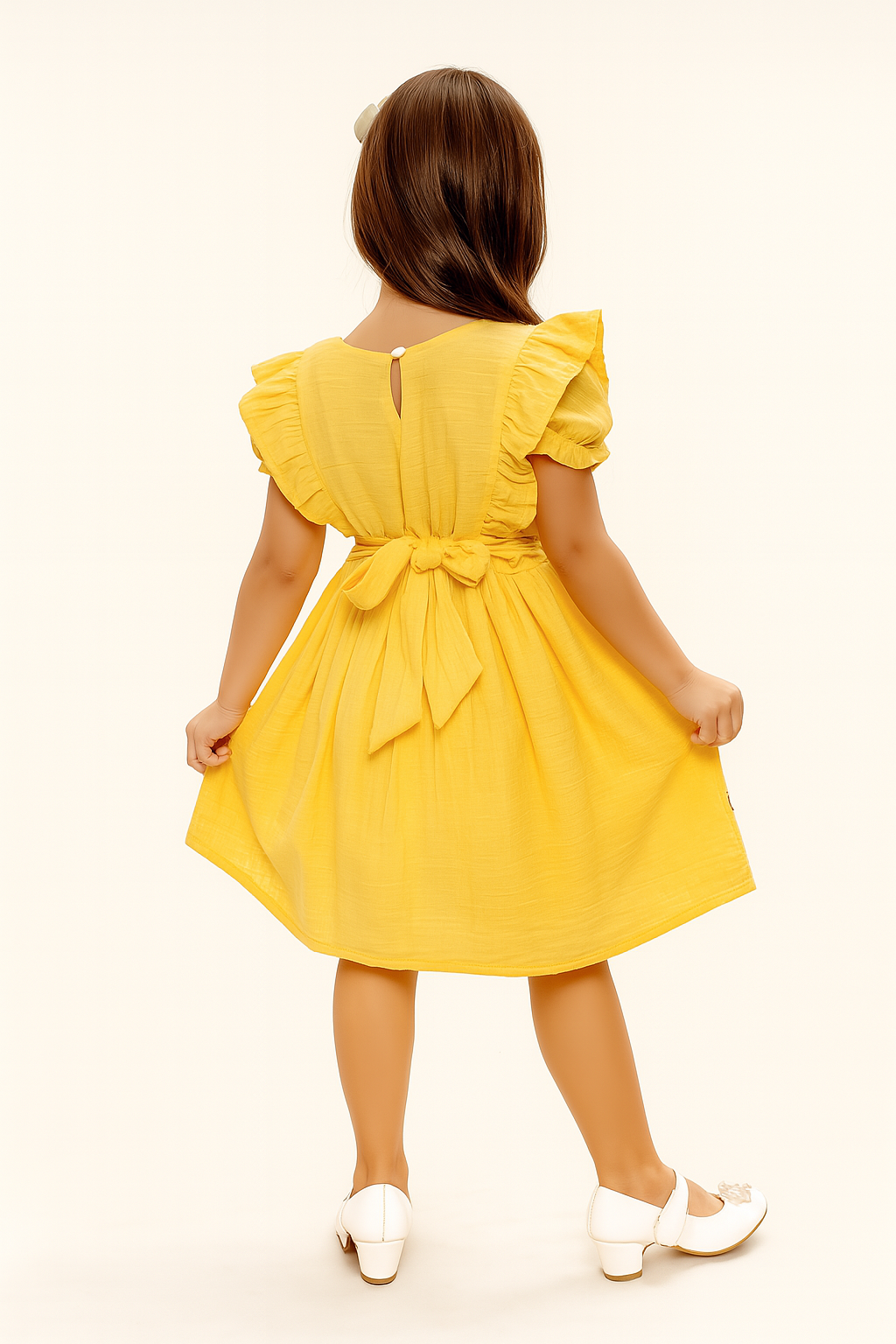 TINY TWILLS Girls Yellow Cotton Dress – Ruffle Sleeve Frock with Cross-Stitch Floral Embroidery & Lace Yoke | Ethnic Festive Wear