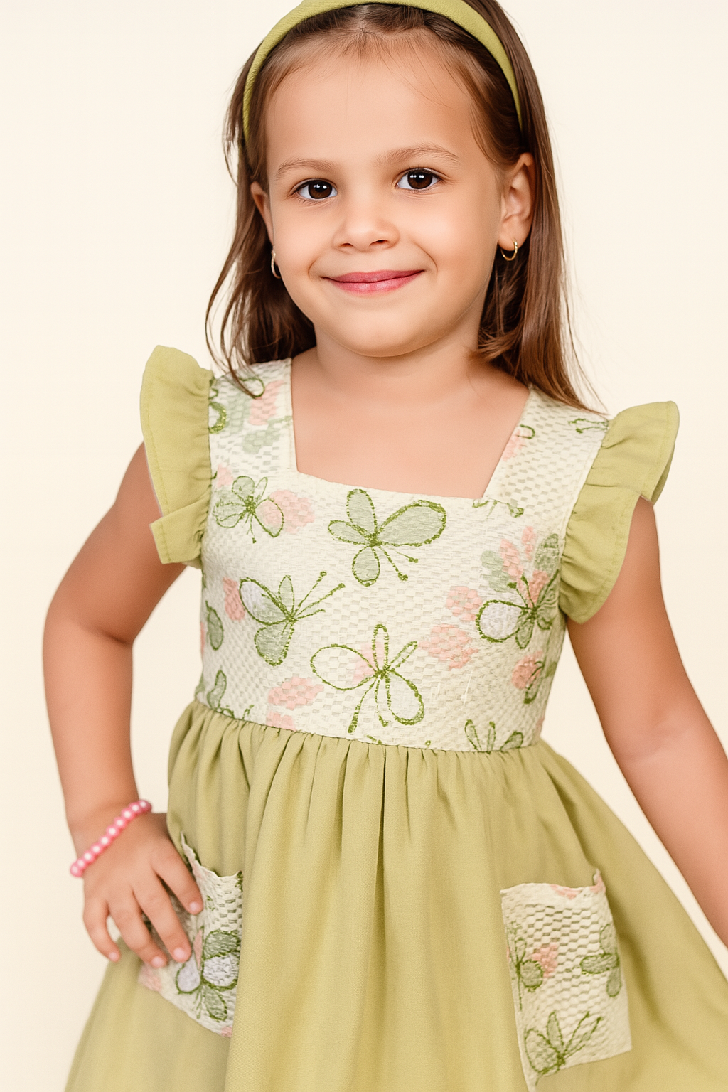 TINY TWILLS Girls Cotton Dress – Sleeveless Frock with Butterfly Embroidered Yoke & Patch Pockets | Cute Summer Wear