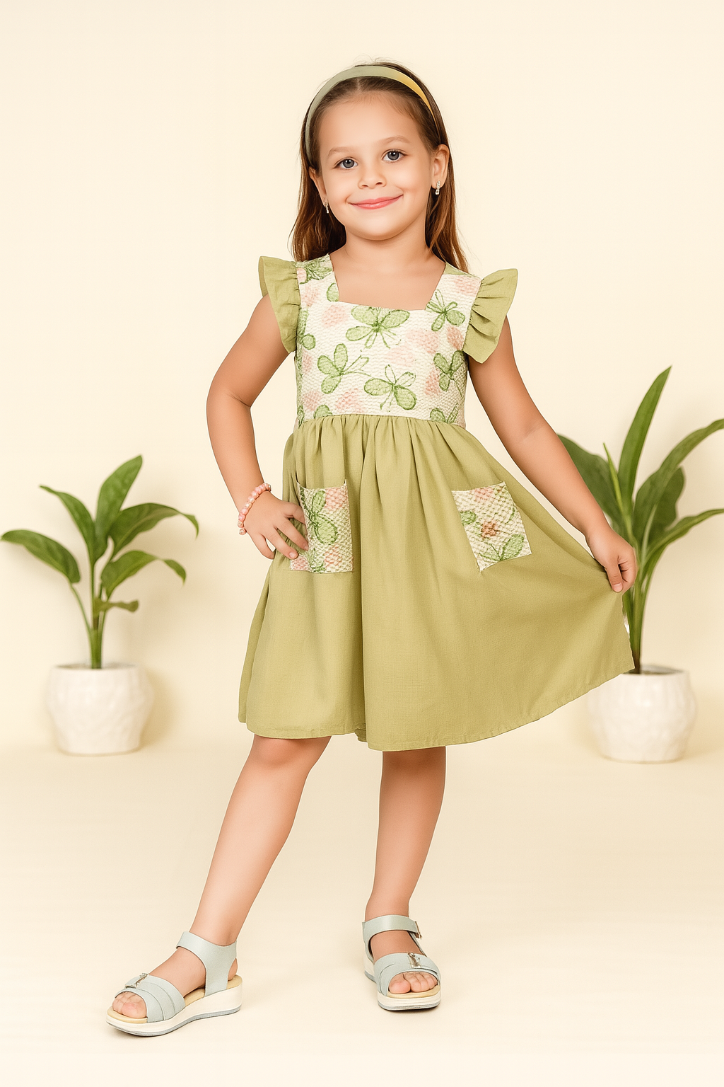 TINY TWILLS Girls Cotton Dress – Sleeveless Frock with Butterfly Embroidered Yoke & Patch Pockets | Cute Summer Wear