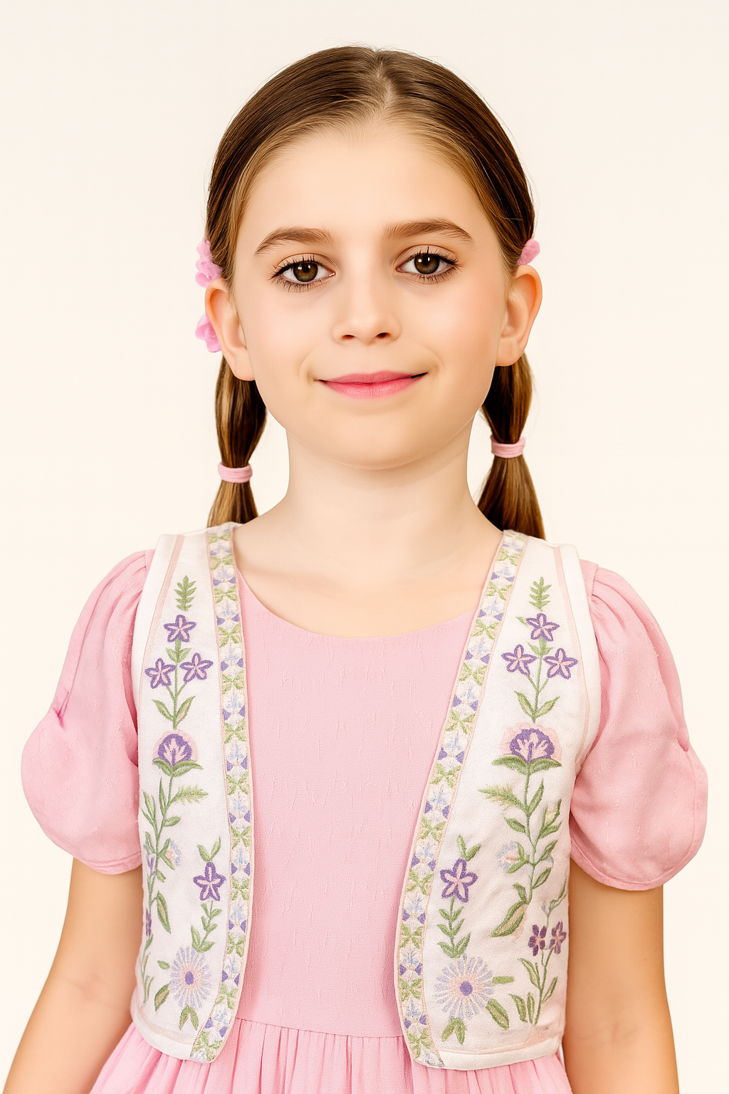 TINY TWILLS Girls Cotton Dress – Puff Sleeve Frock with Embroidered Sleeveless Jacket | Elegant Festive Wear for Kids