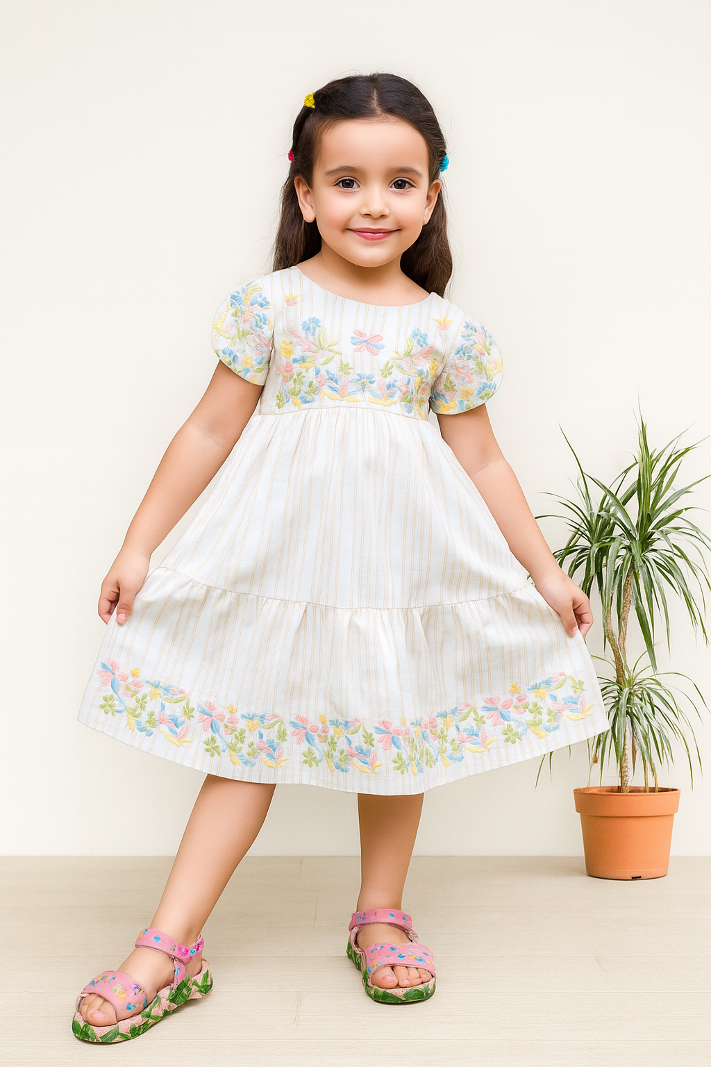 TINY TWILLS Girls’ Cream Cotton Dress with Pastel Floral Embroidery | Puff Sleeve Midi Dress | Summer Wear