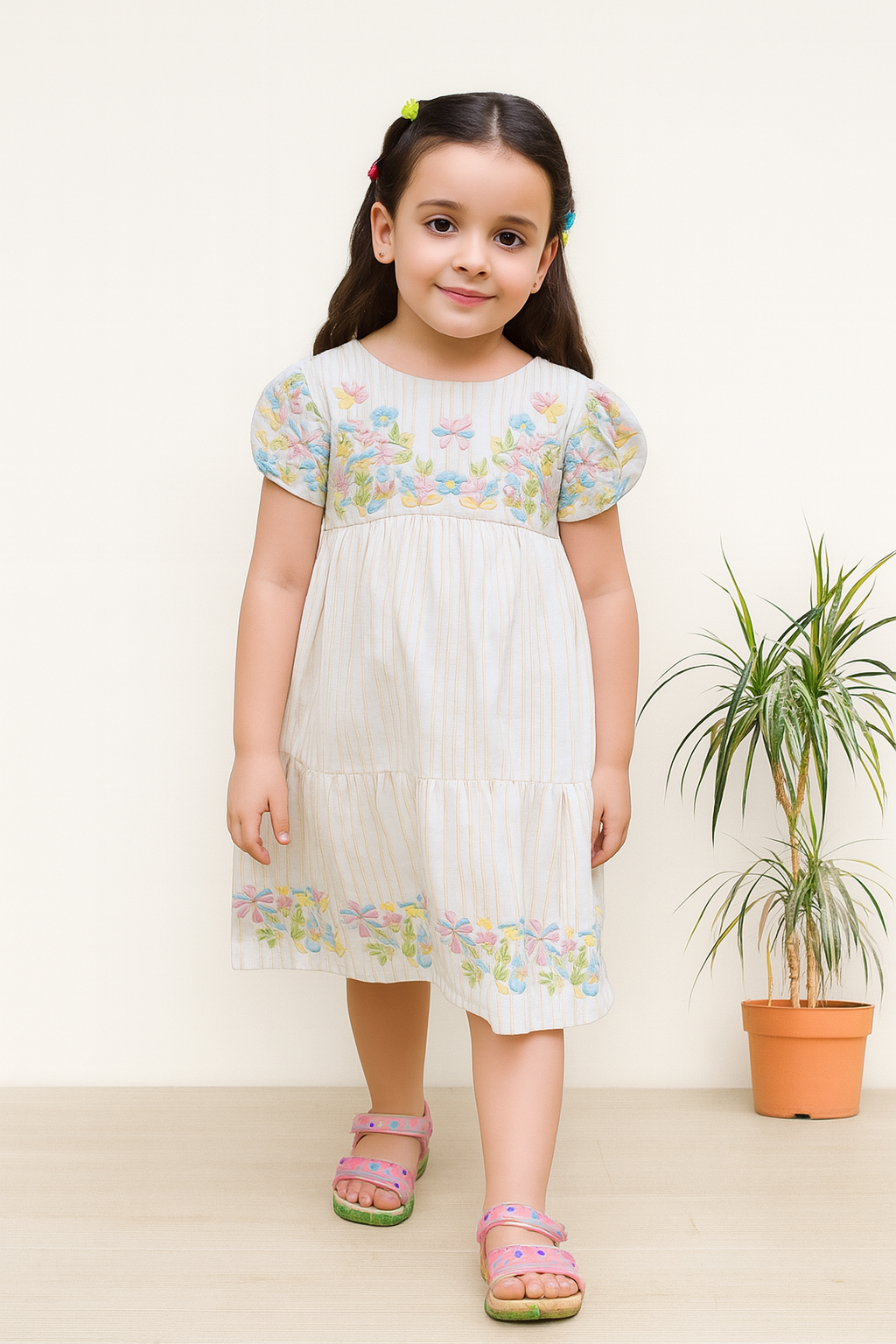 TINY TWILLS Girls’ Cream Cotton Dress with Pastel Floral Embroidery | Puff Sleeve Midi Dress | Summer Wear