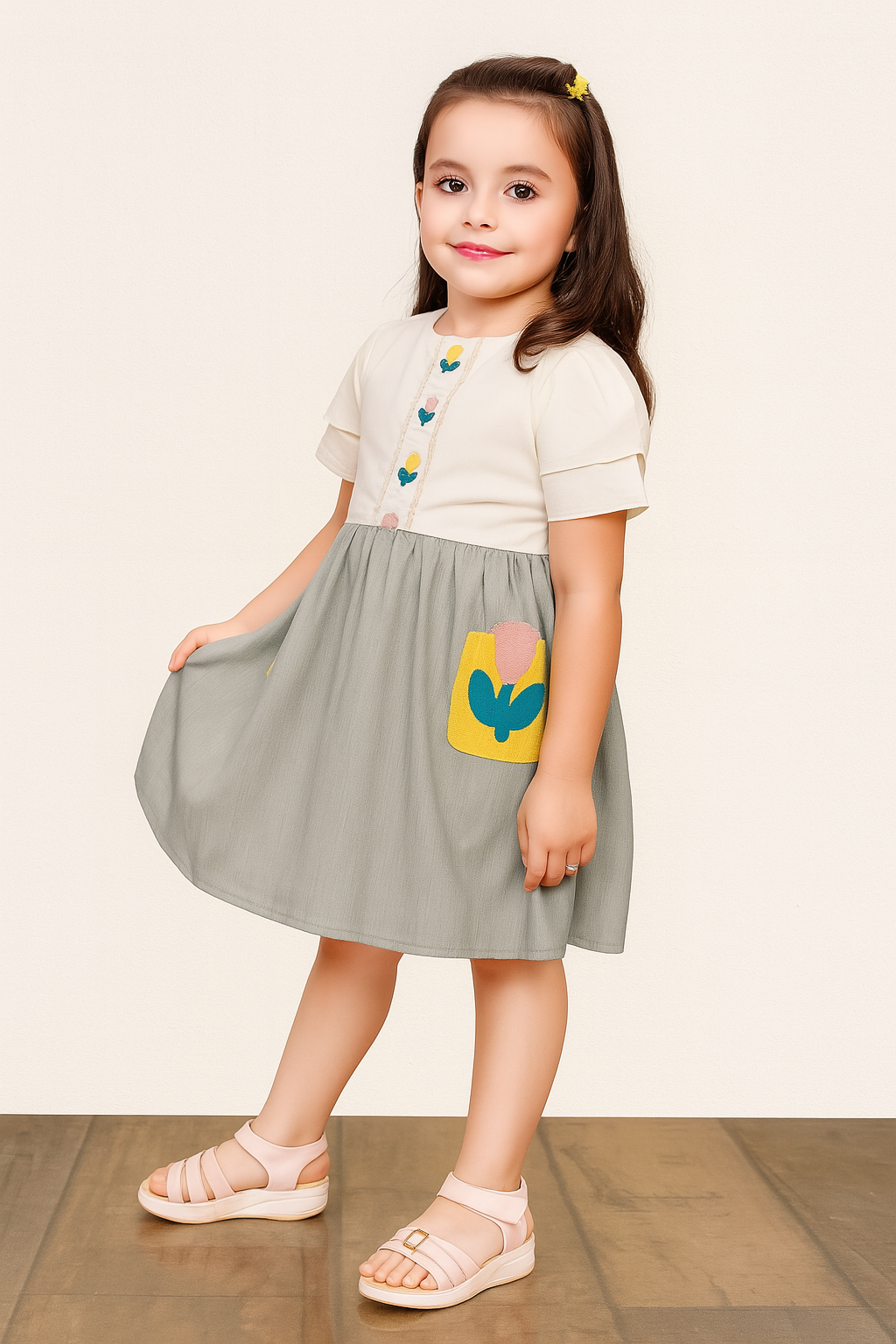 TINY TWILLS Girls Cotton Dress – Puff Sleeve Frock with Heart Button Detail and Tulip Patch Pockets | Stylish Casual Wear