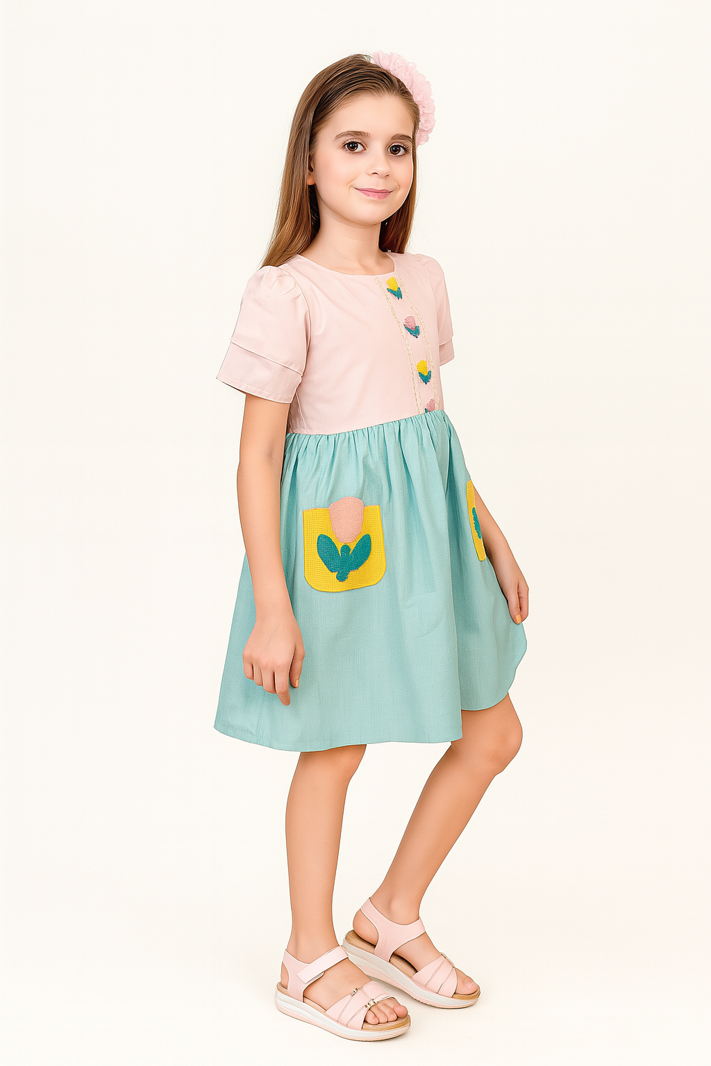 TINY TWILLS Girls Cotton Dress – Puff Sleeve Frock with Heart Button Detail and Tulip Patch Pockets | Stylish Casual Wear