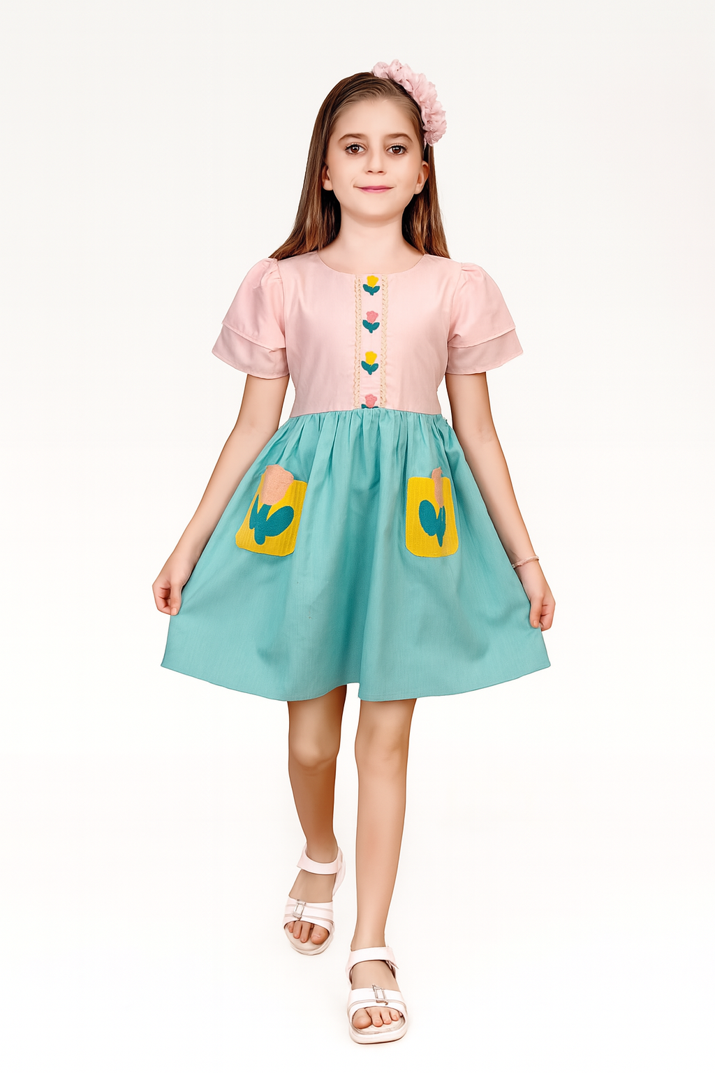 TINY TWILLS Girls Cotton Dress – Puff Sleeve Frock with Heart Button Detail and Tulip Patch Pockets | Stylish Casual Wear