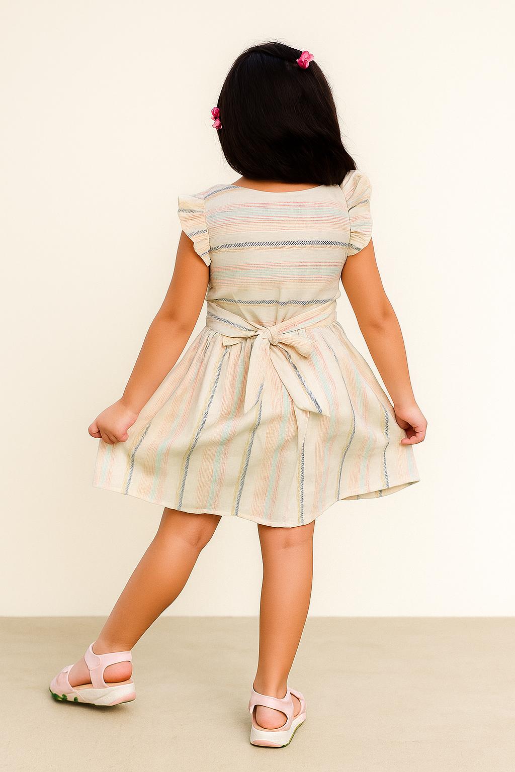 TINY TWILLS Girls Cotton Frock – Cream Striped Dress with Embroidered Pockets & Peter Pan Collar | Stylish Casual Wear for Kids