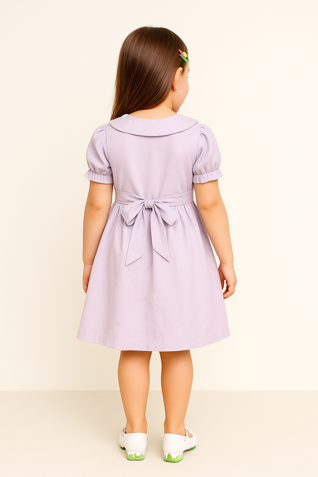 Tiny Twills Girls Cotton Frock – Lavender Dress with Embroidered Floral Bows & Peter Pan Collar | Princess Style Party Wear for Kids