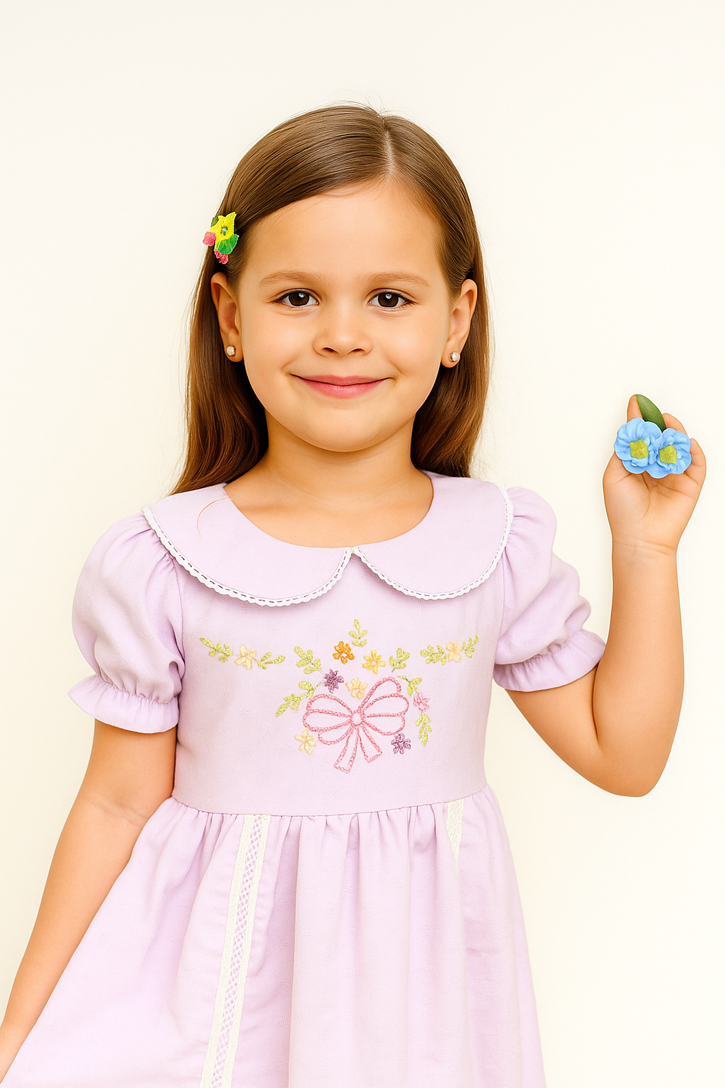 Tiny Twills Girls Cotton Frock – Lavender Dress with Embroidered Floral Bows & Peter Pan Collar | Princess Style Party Wear for Kids