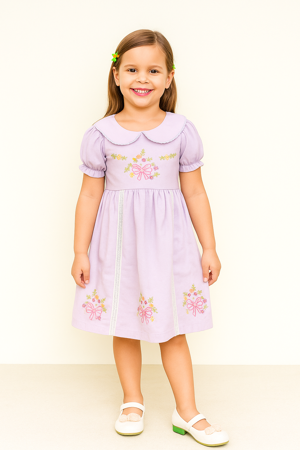Tiny Twills Girls Cotton Frock – Lavender Dress with Embroidered Floral Bows & Peter Pan Collar | Princess Style Party Wear for Kids