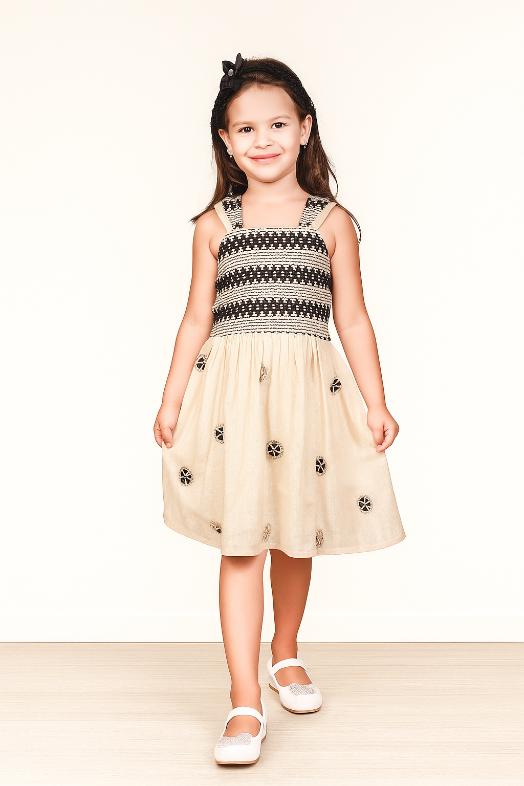 TINY TWILLS Girls Cotton Frock – Black & Beige Handwoven Sleeveless Dress with Embroidered Details | Ethnic Fusion Party Wear for Kids