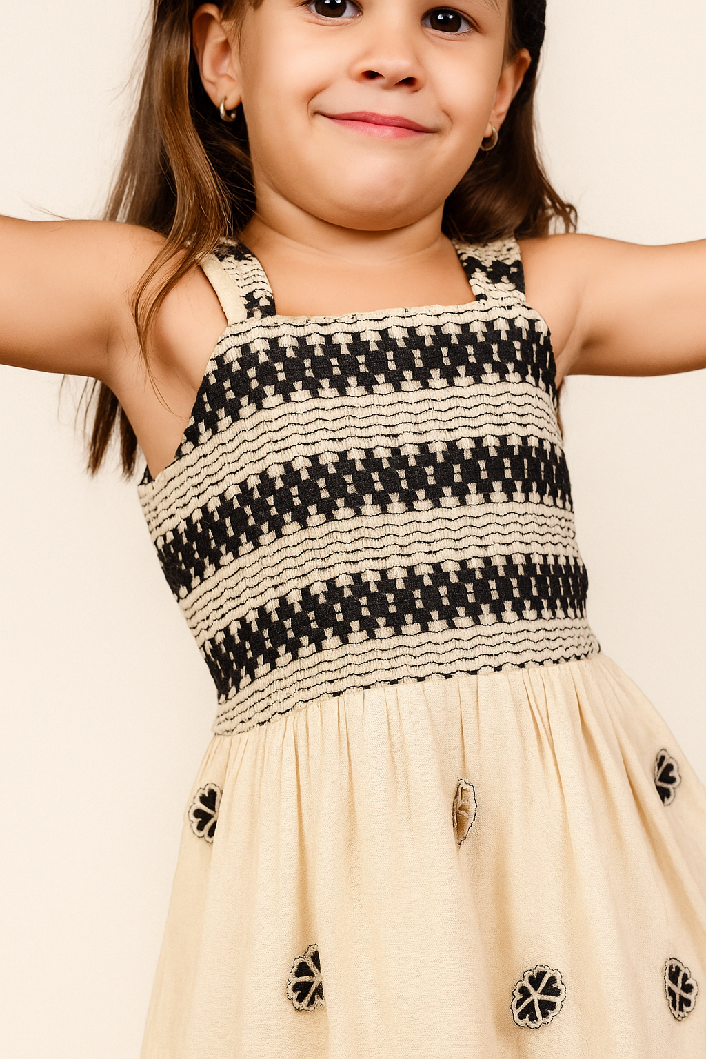 TINY TWILLS Girls Cotton Frock – Black & Beige Handwoven Sleeveless Dress with Embroidered Details | Ethnic Fusion Party Wear for Kids