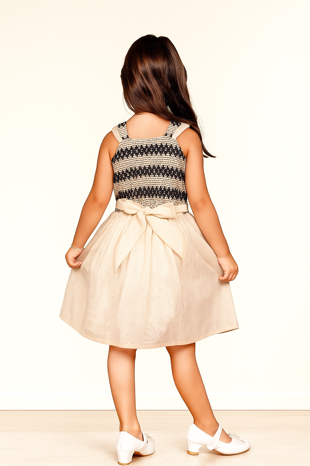 TINY TWILLS Girls Cotton Frock – Black & Beige Handwoven Sleeveless Dress with Embroidered Details | Ethnic Fusion Party Wear for Kids