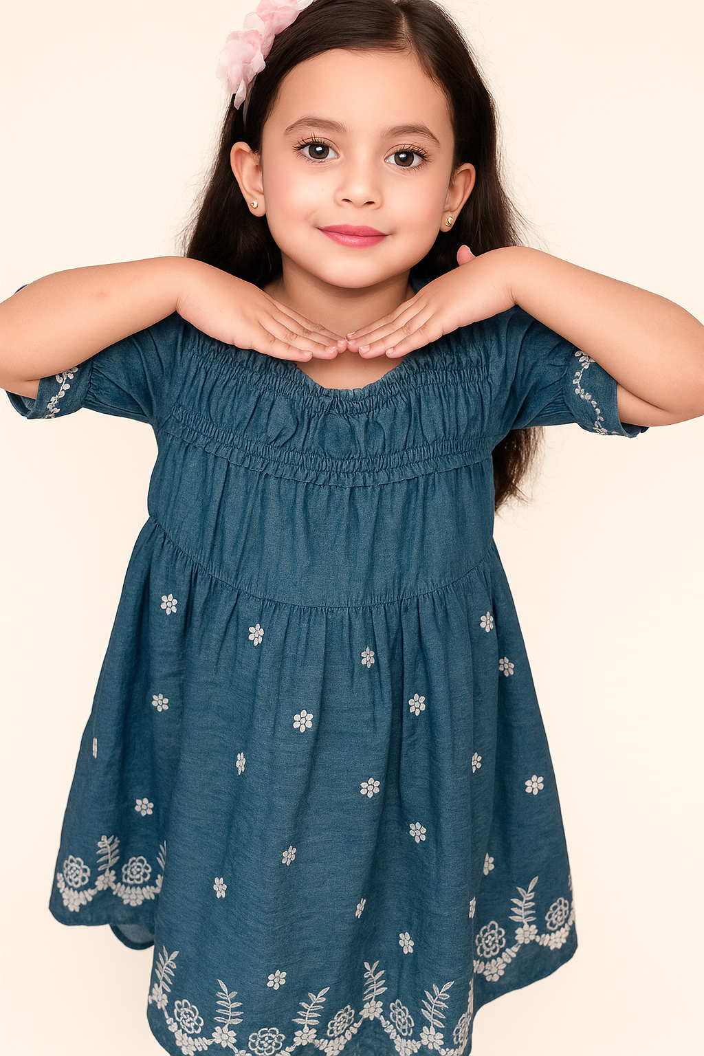 TINY TWILLS Girls Denim Frock – Blue Smocked Dress with White Floral Embroidery & Puff Sleeves | Trendy Casual Wear for Kids