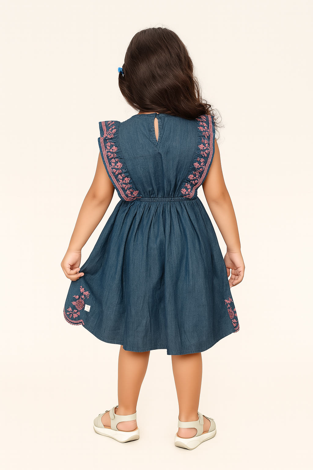 TINY TWILLS Girls Denim Frock – Sleeveless Blue Dress with Pink Floral Embroidery & Scalloped Hem | Elegant Western Party Wear for Kids