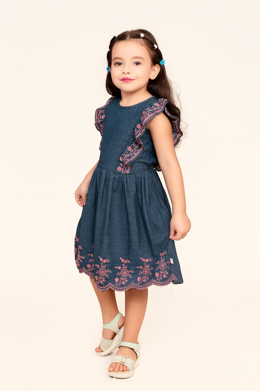 TINY TWILLS Girls Denim Frock – Sleeveless Blue Dress with Pink Floral Embroidery & Scalloped Hem | Elegant Western Party Wear for Kids