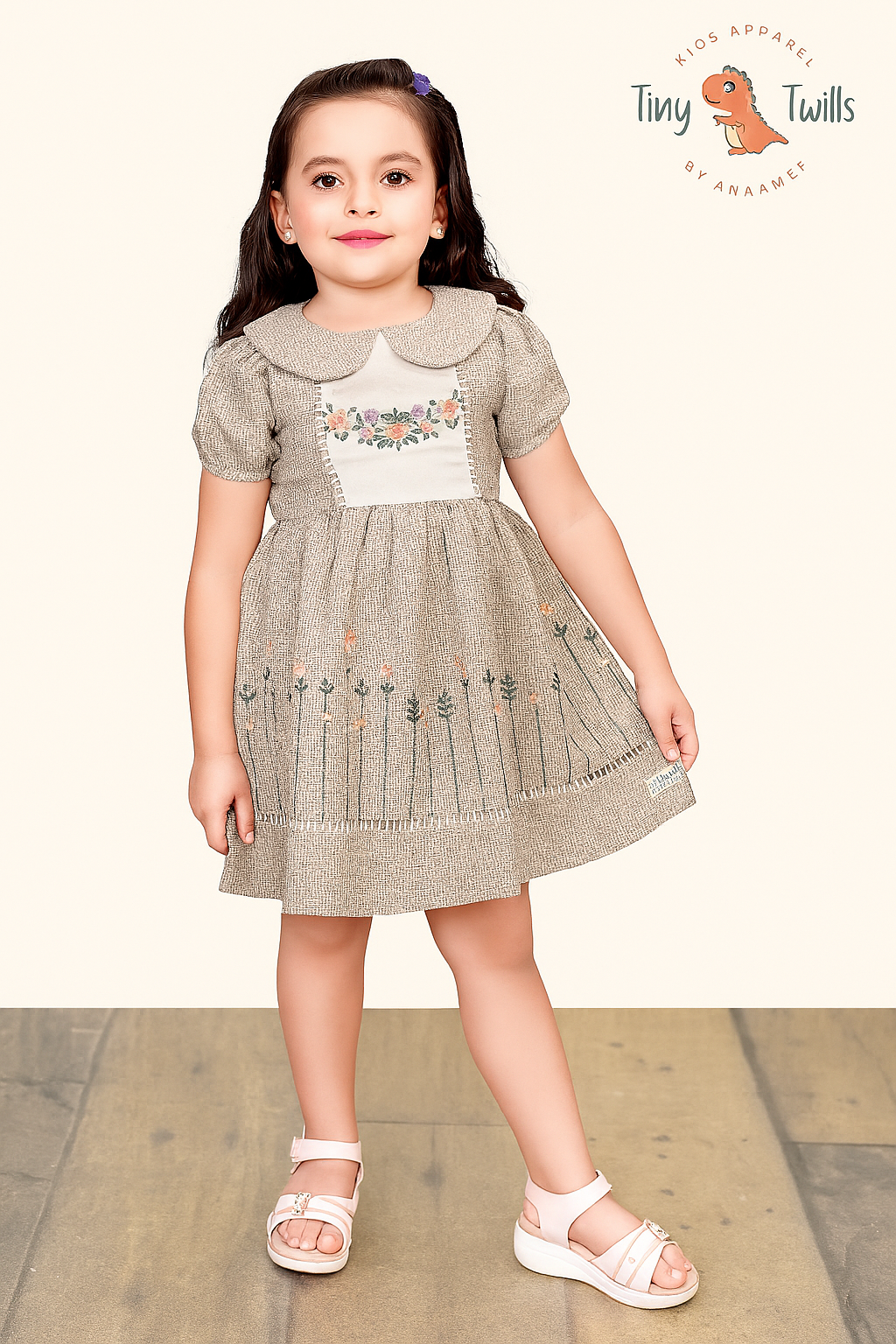 TINY TWILLS Girls Cotton Frock – Beige Textured Dress with Floral Embroidery & Peter Pan Collar | Elegant Vintage-Inspired Casual Wear for Kids