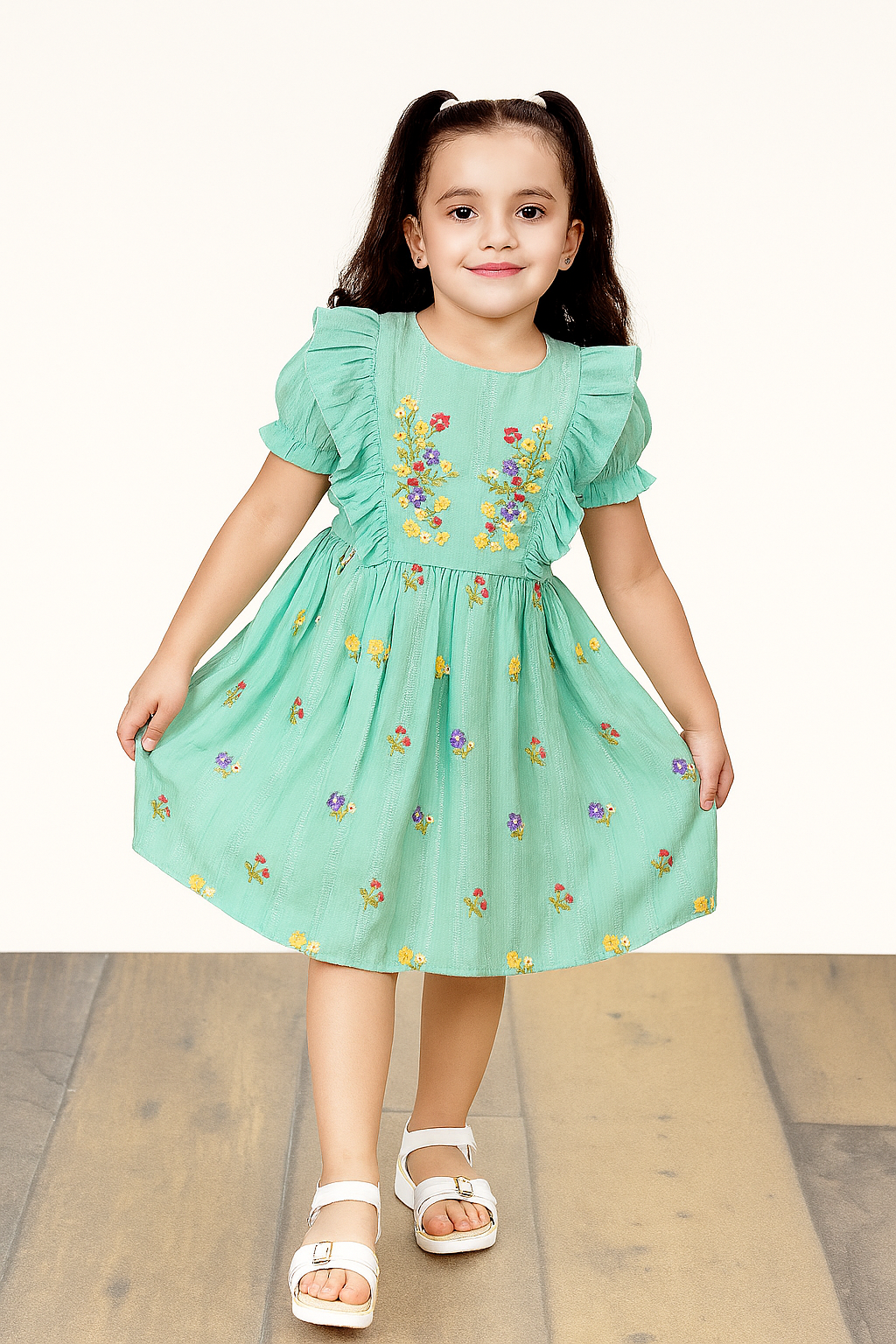 TINY TWILLS Girls Cotton Frock – Dress with Ruffled Sleeves & Colorful Floral Embroidery | Adorable Summer Party Wear for Kids
