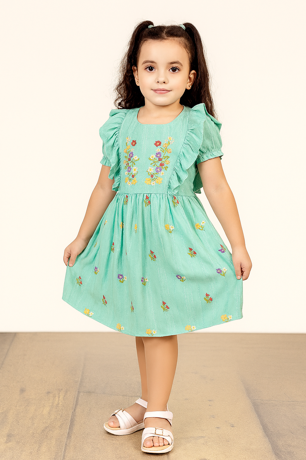 TINY TWILLS Girls Cotton Frock – Dress with Ruffled Sleeves & Colorful Floral Embroidery | Adorable Summer Party Wear for Kids