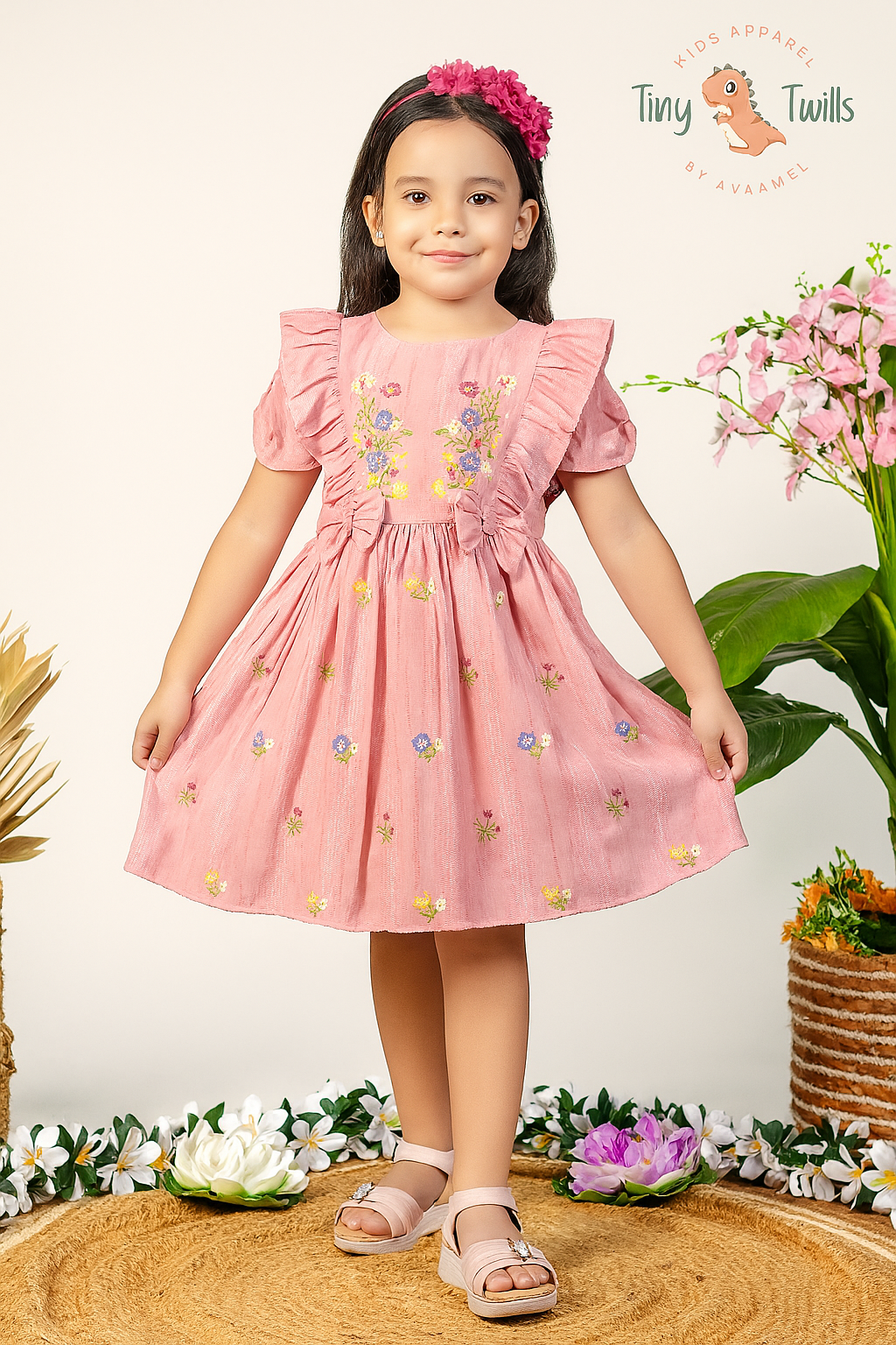 TINY TWILLS Girls Cotton Frock – Dress with Ruffled Sleeves & Colorful Floral Embroidery | Adorable Summer Party Wear for Kids