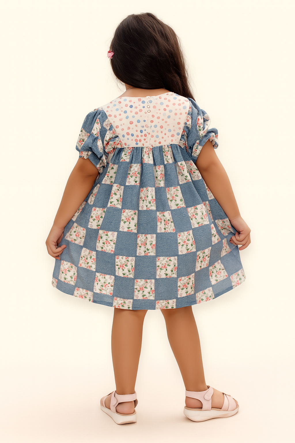TINY TWILLS Girls Cotton Frock – Checkered Patch Dress with Floral Print & Tassel Detail | Casual Flared Dress for Girls