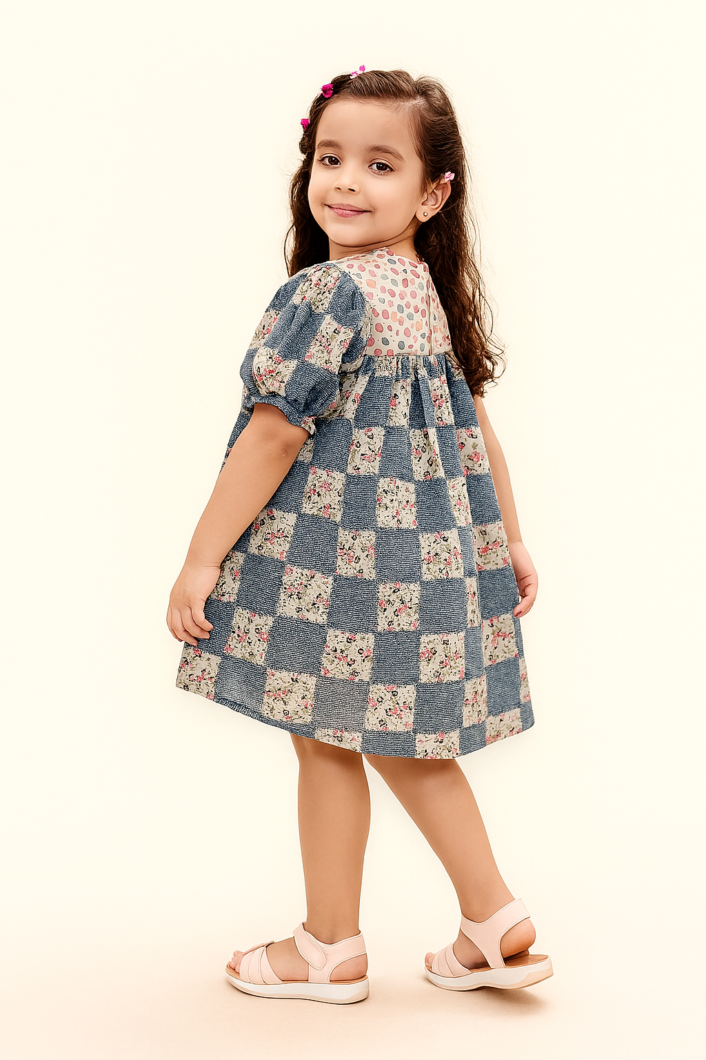 TINY TWILLS Girls Cotton Frock – Checkered Patch Dress with Floral Print & Tassel Detail | Casual Flared Dress for Girls