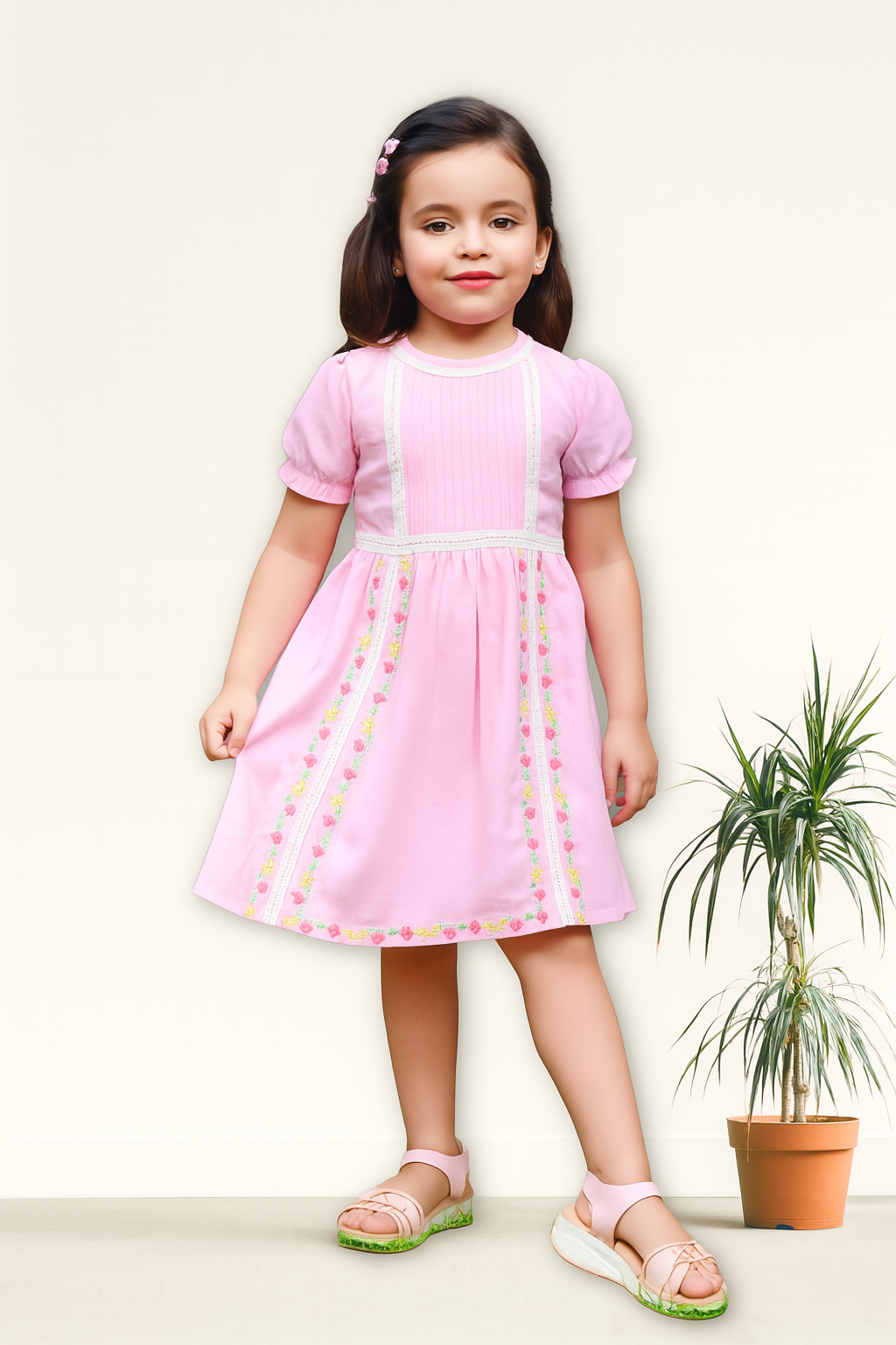 TINY TWILLS Girls Cotton Frock – Baby Pink Pleated Dress with Floral Embroidery & Puff Sleeves | Cute Summer Casual Wear for Kids