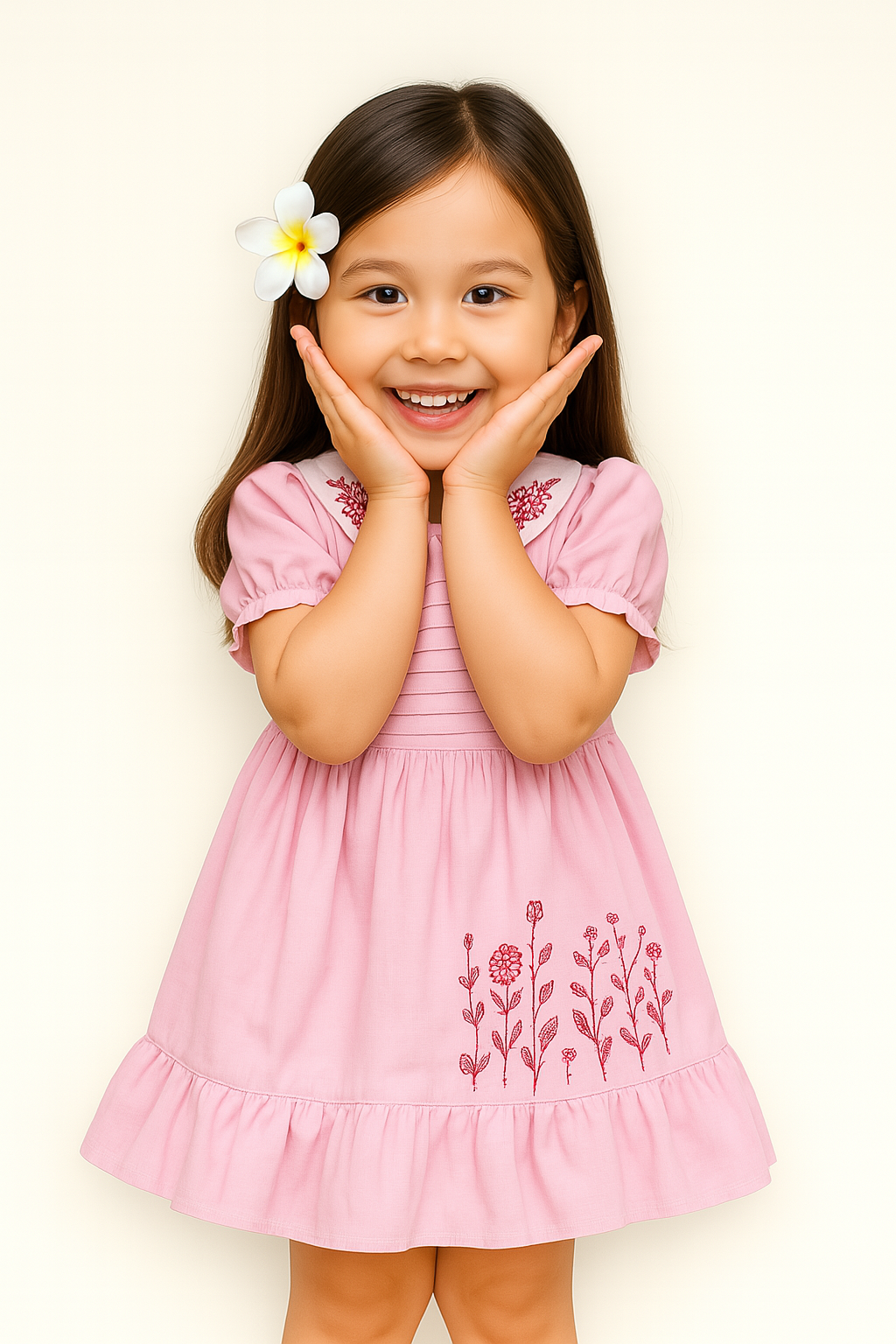 TINY TWILLS Side Floral Embroidered Frock With Pintucks On Yoke & Embroidered Collar