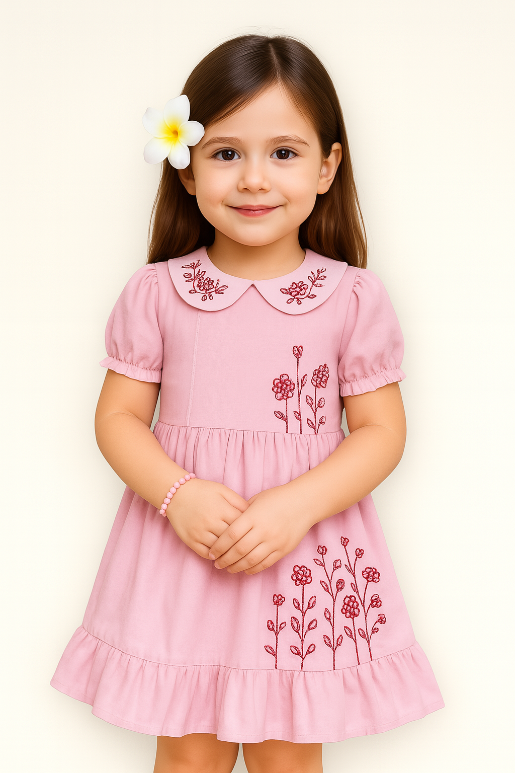 TINY TWILLS Side Floral Embroidered Frock With Pintucks On Yoke & Embroidered Collar