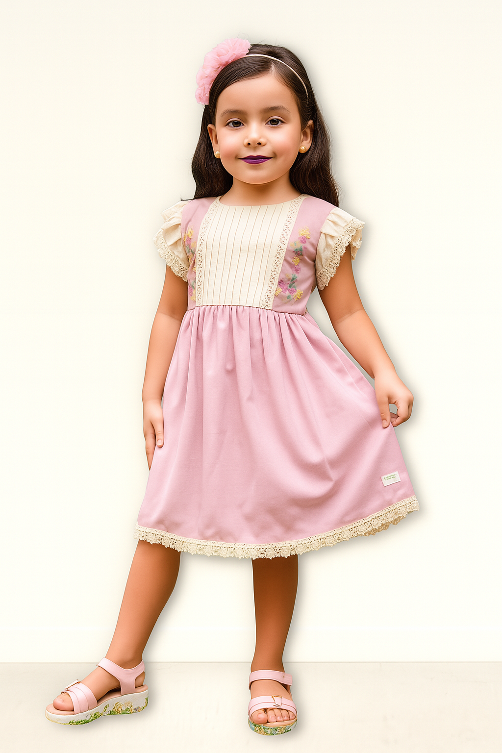 TINY TWILLS Girls Cotton Frock Embroidered Dress with Lace Sleeves | Party & Casual Wear for Kids