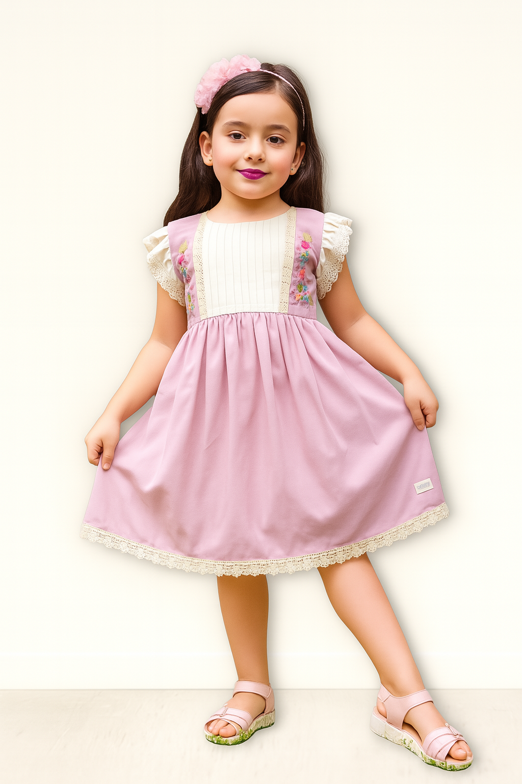 TINY TWILLS Girls Cotton Frock Embroidered Dress with Lace Sleeves | Party & Casual Wear for Kids