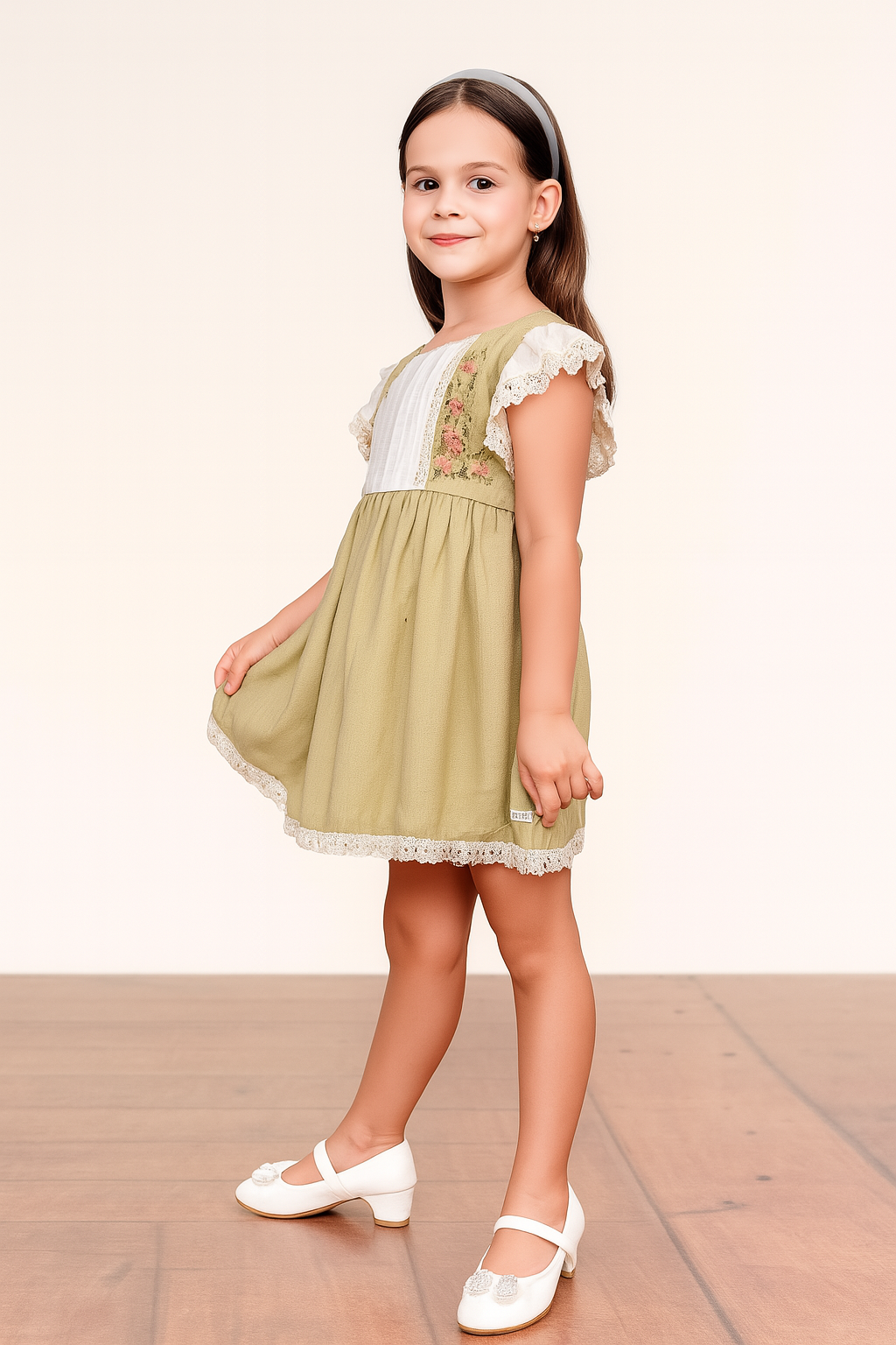 TINY TWILLS Girls Cotton Frock Embroidered Dress with Lace Sleeves | Party & Casual Wear for Kids
