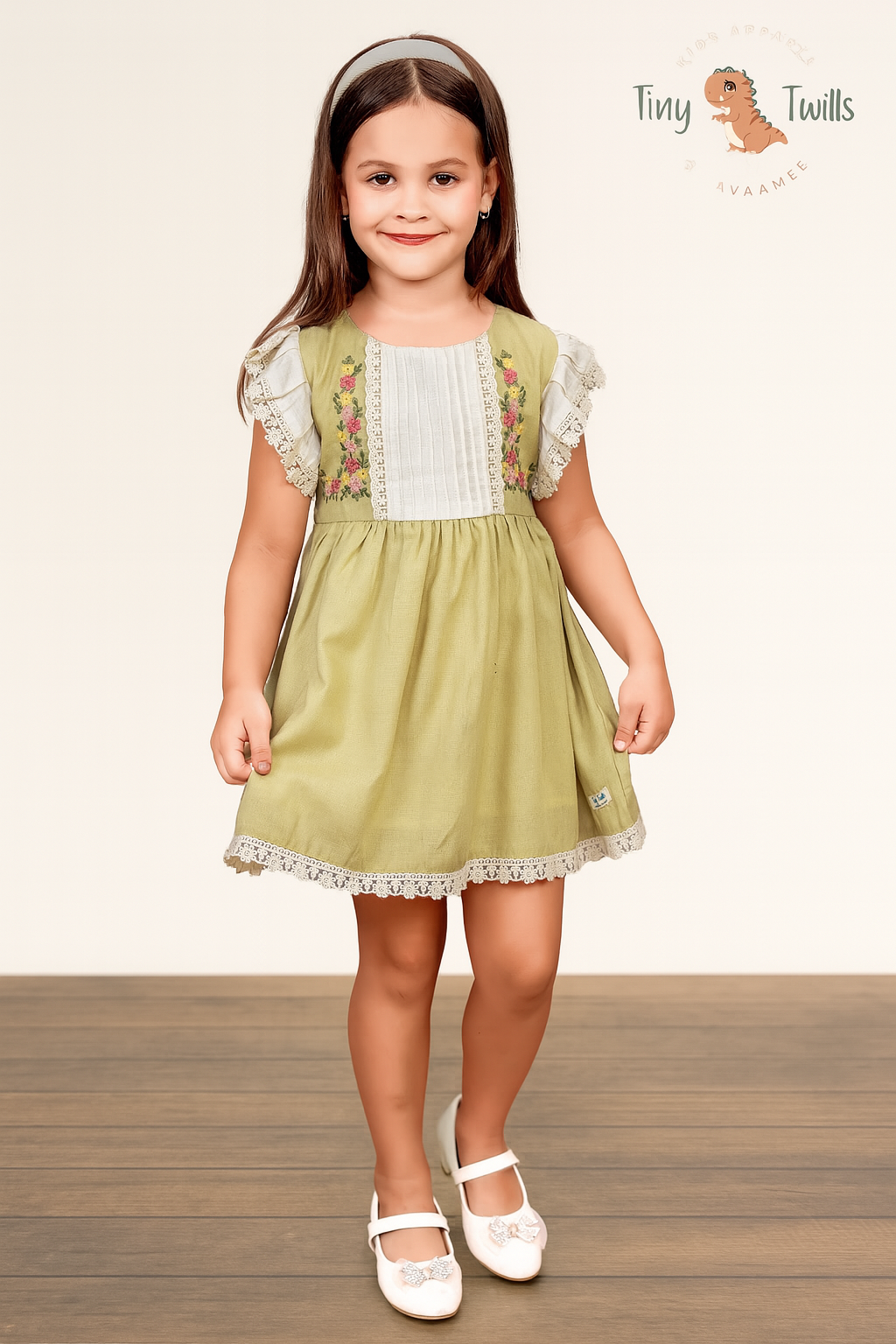 TINY TWILLS Girls Cotton Frock Embroidered Dress with Lace Sleeves | Party & Casual Wear for Kids