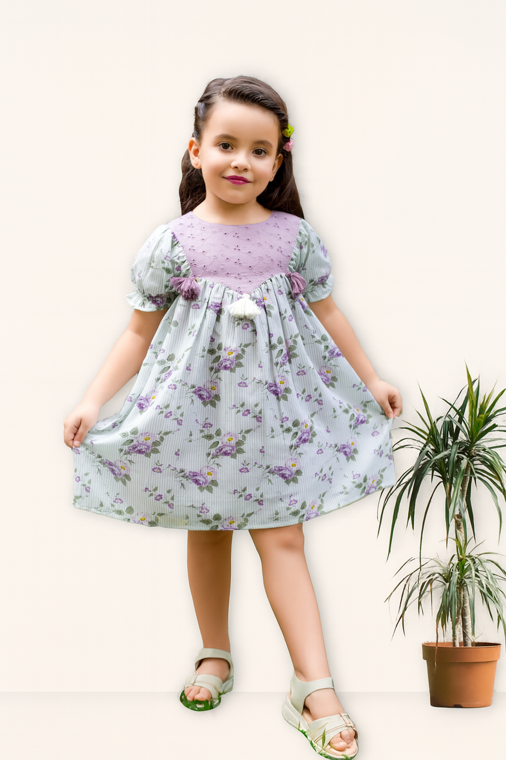 TINY TWILLS Floral Printed A Line Frock With Schiffli Yoke