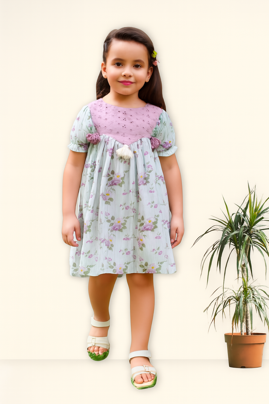 TINY TWILLS Floral Printed A Line Frock With Schiffli Yoke