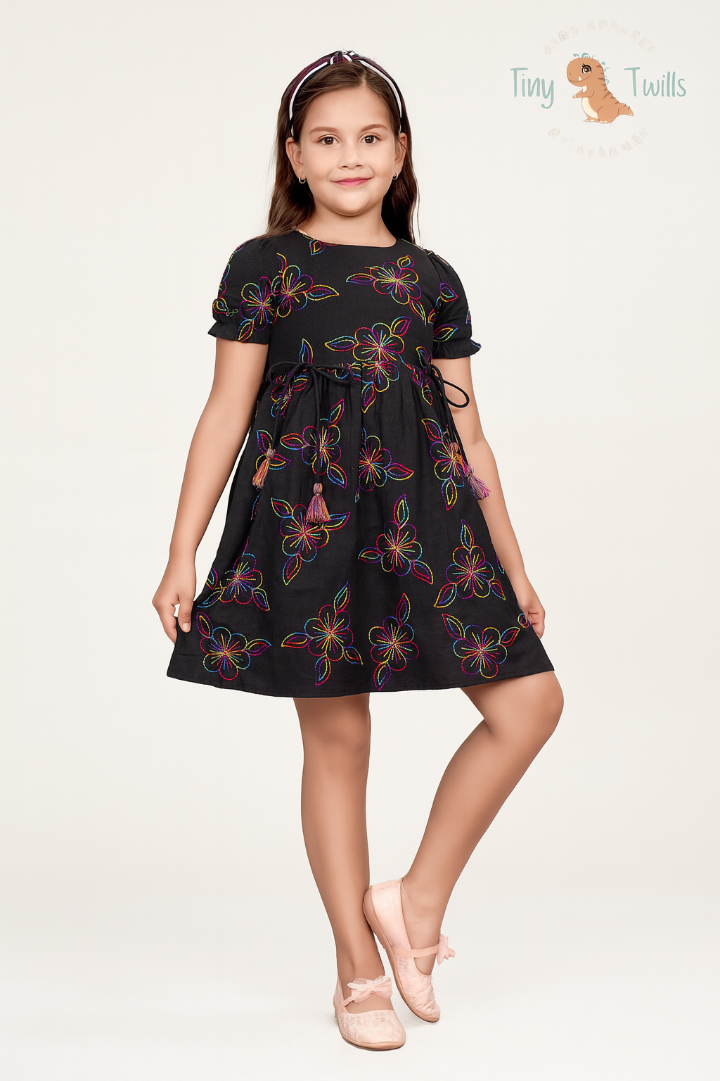 TINY TWILLS Girls Cotton Frock – Dress with Colorful Floral Thread & Tassel Tie-Up | Festive & Party Wear for Kids