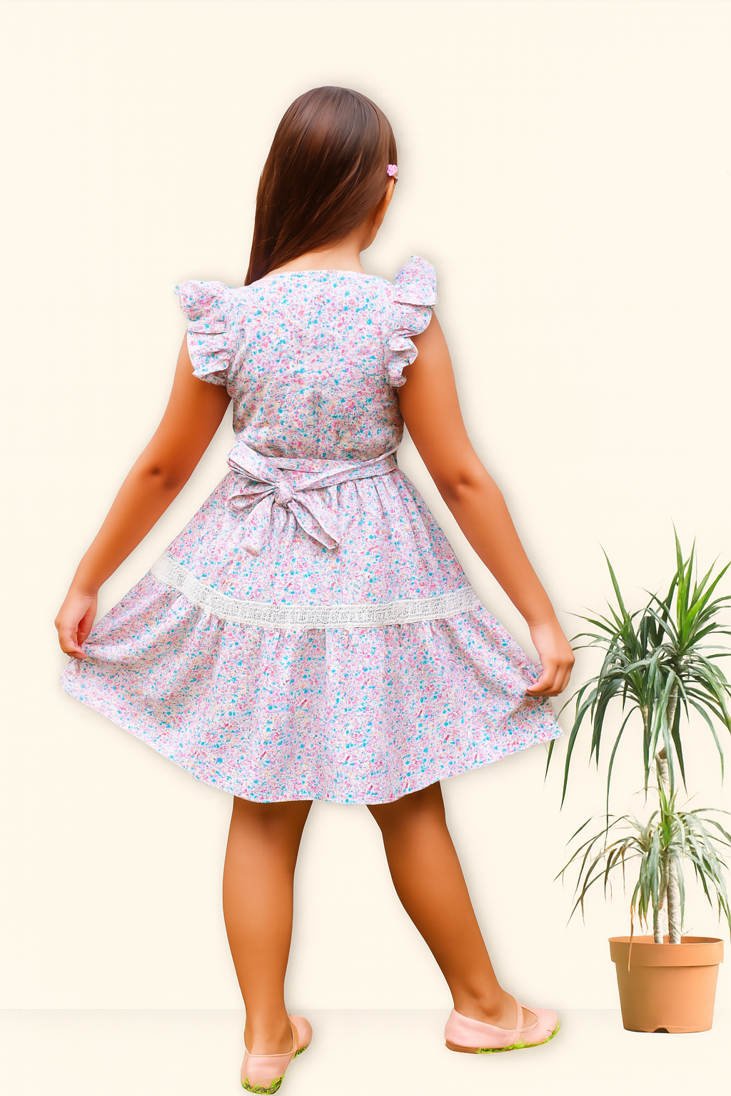 TINY TWILLS Girls Cotton Frock – White Dress with All-Over Floral Print, Ruffle Sleeves & Lace Panels | Soft Summer Casual Wear for Kids