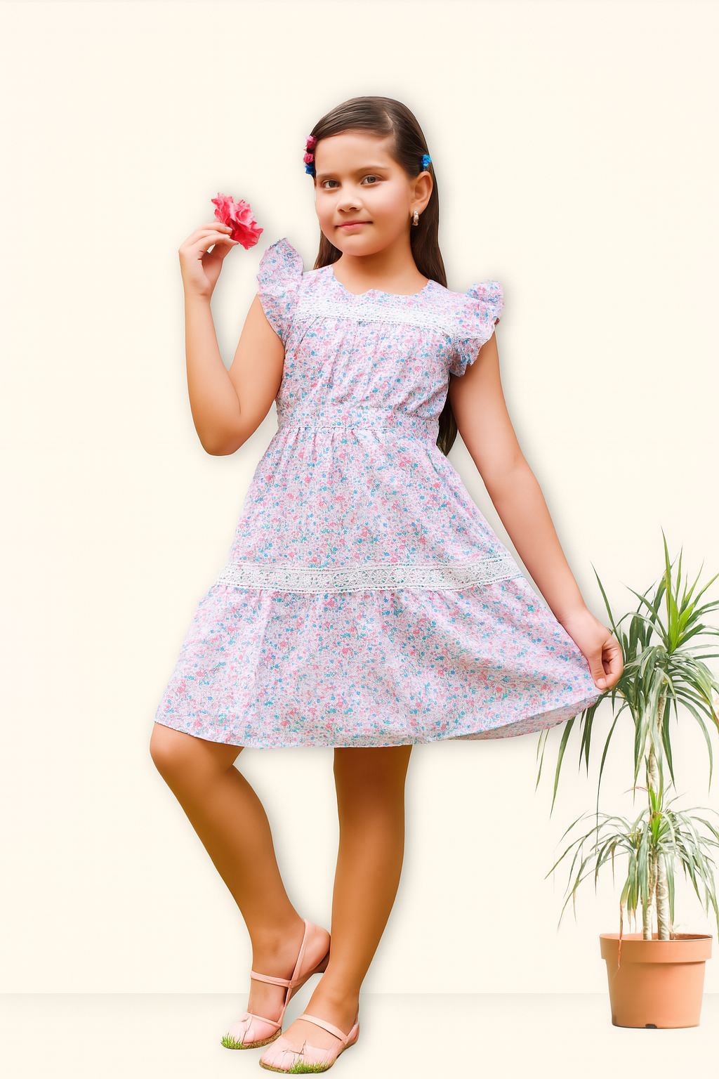 TINY TWILLS Girls Cotton Frock – White Dress with All-Over Floral Print, Ruffle Sleeves & Lace Panels | Soft Summer Casual Wear for Kids