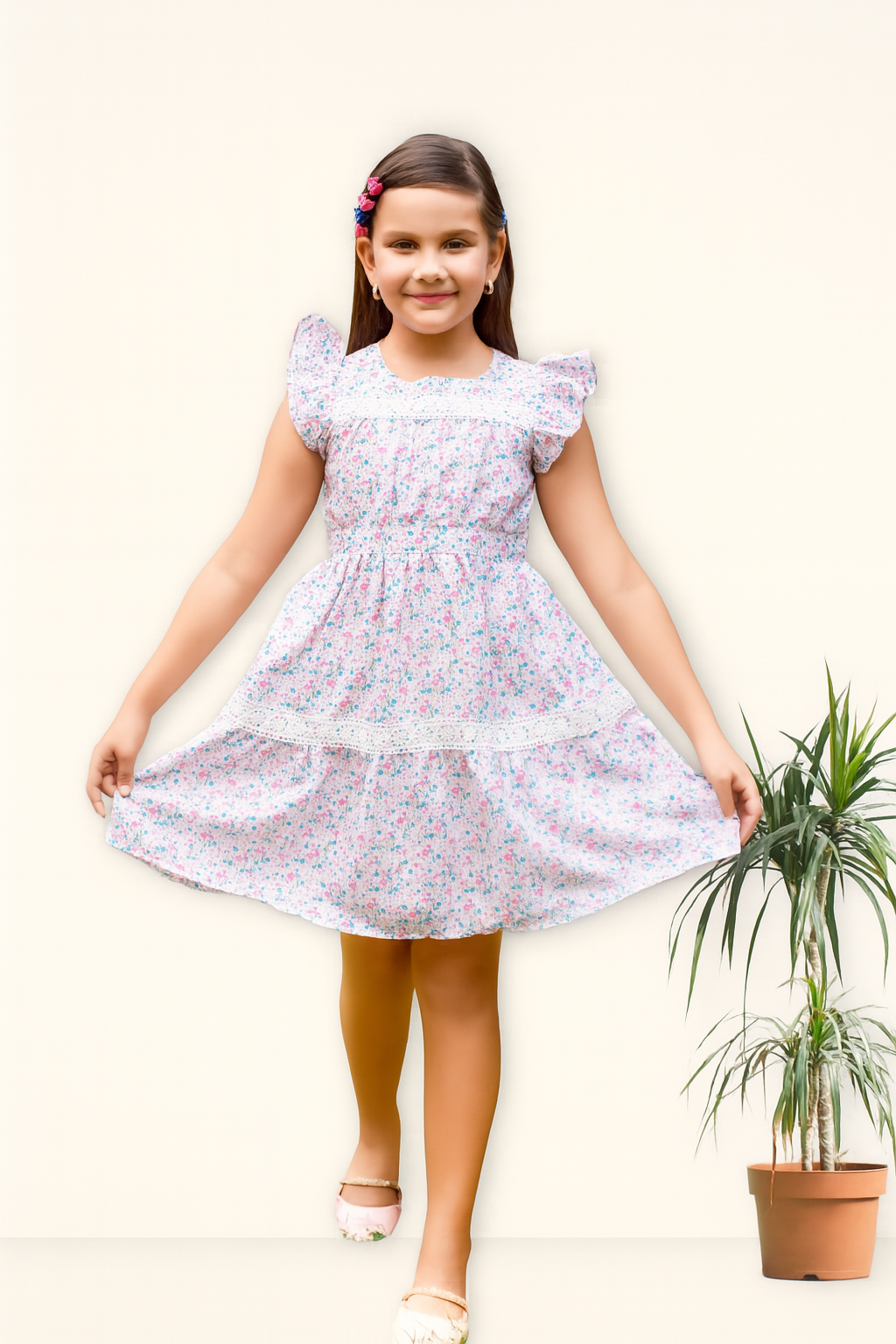 TINY TWILLS Girls Cotton Frock – White Dress with All-Over Floral Print, Ruffle Sleeves & Lace Panels | Soft Summer Casual Wear for Kids