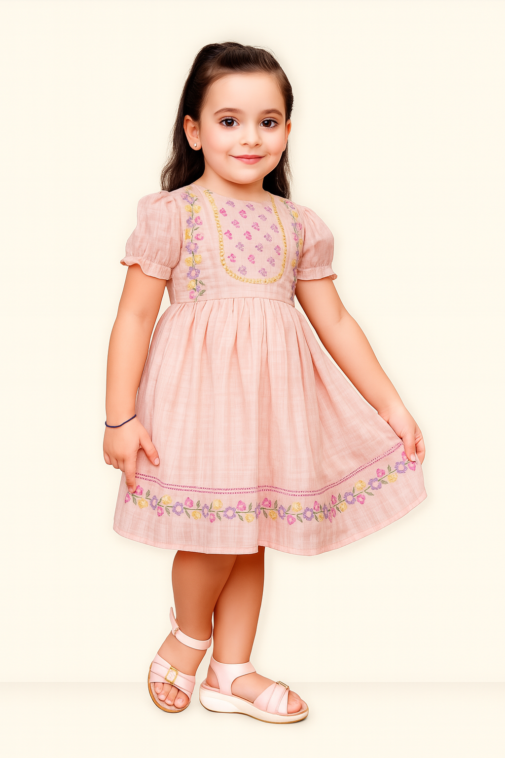 TINY TWILLS Linen Yoke Embroidered Dress With Embroidered Lace On Flare