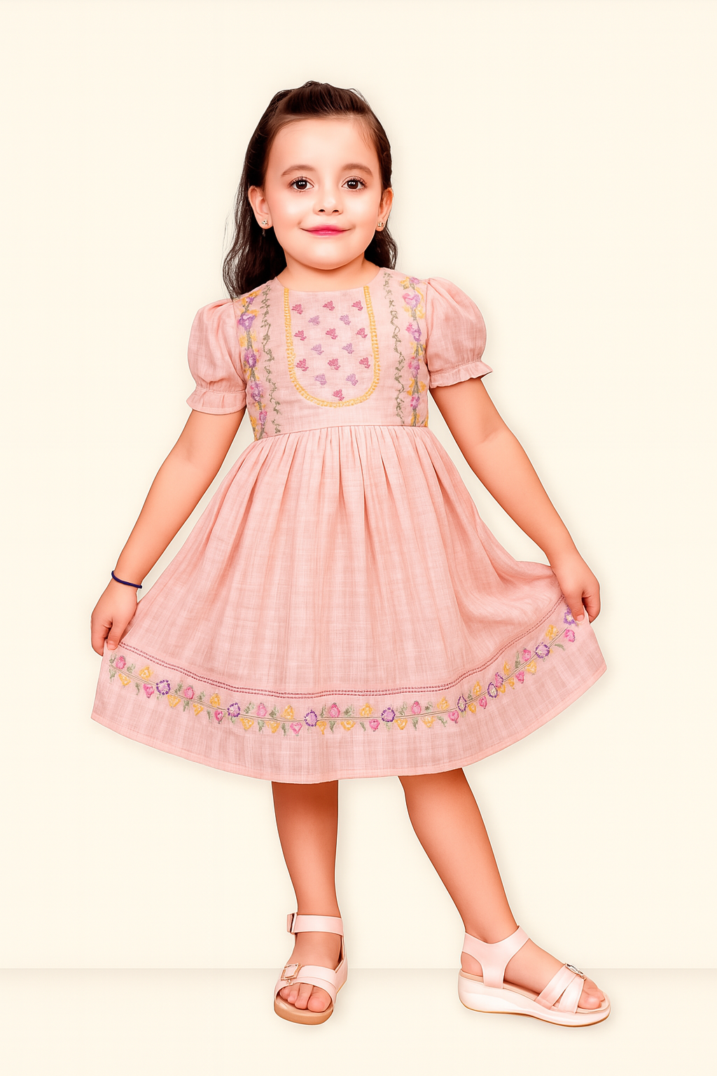 TINY TWILLS Linen Yoke Embroidered Dress With Embroidered Lace On Flare
