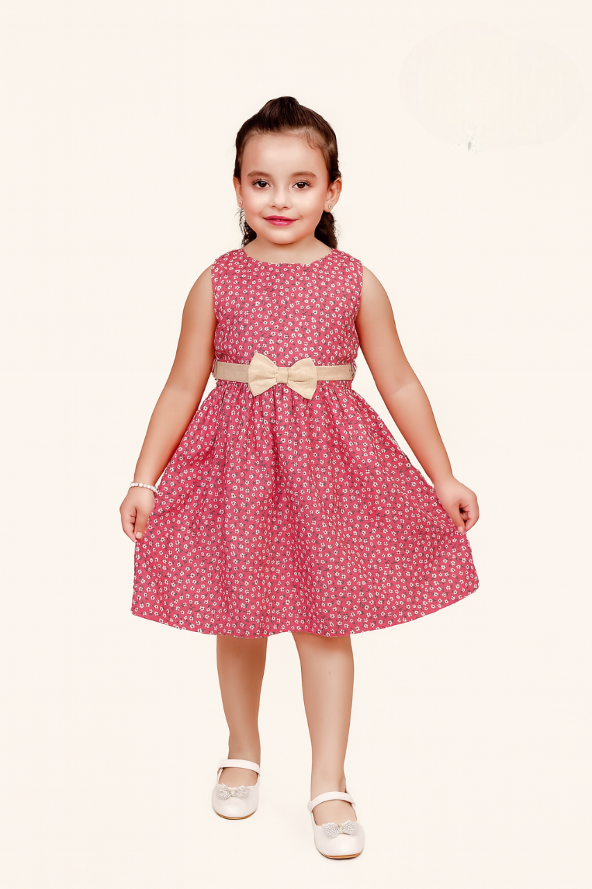 TINY TWILLS Box Pleat Printed Frock With Solid Belt & Bow On Waist