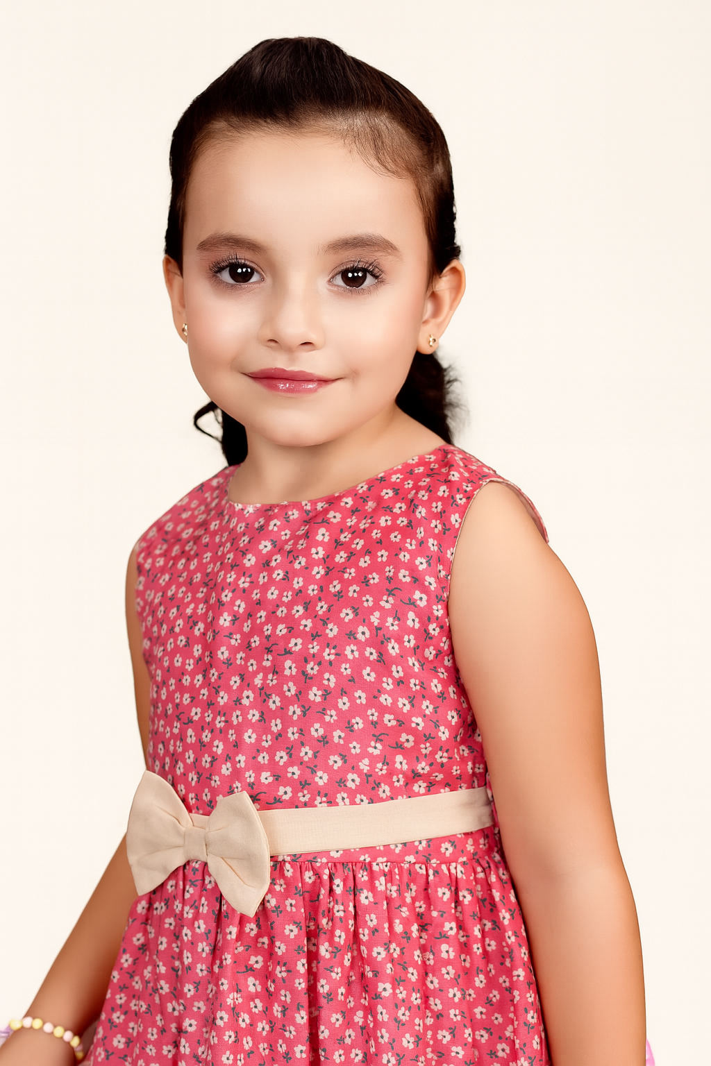 TINY TWILLS Box Pleat Printed Frock With Solid Belt & Bow On Waist