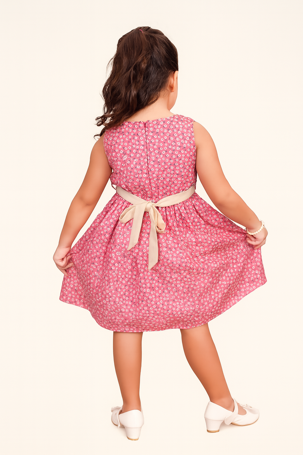 TINY TWILLS Box Pleat Printed Frock With Solid Belt & Bow On Waist