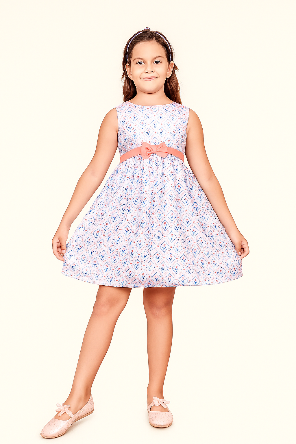 TINY TWILLS Sleeveless Fit & Flare Girls Dress – Ethnic Print with Bow Belt | Summer Cotton Dress