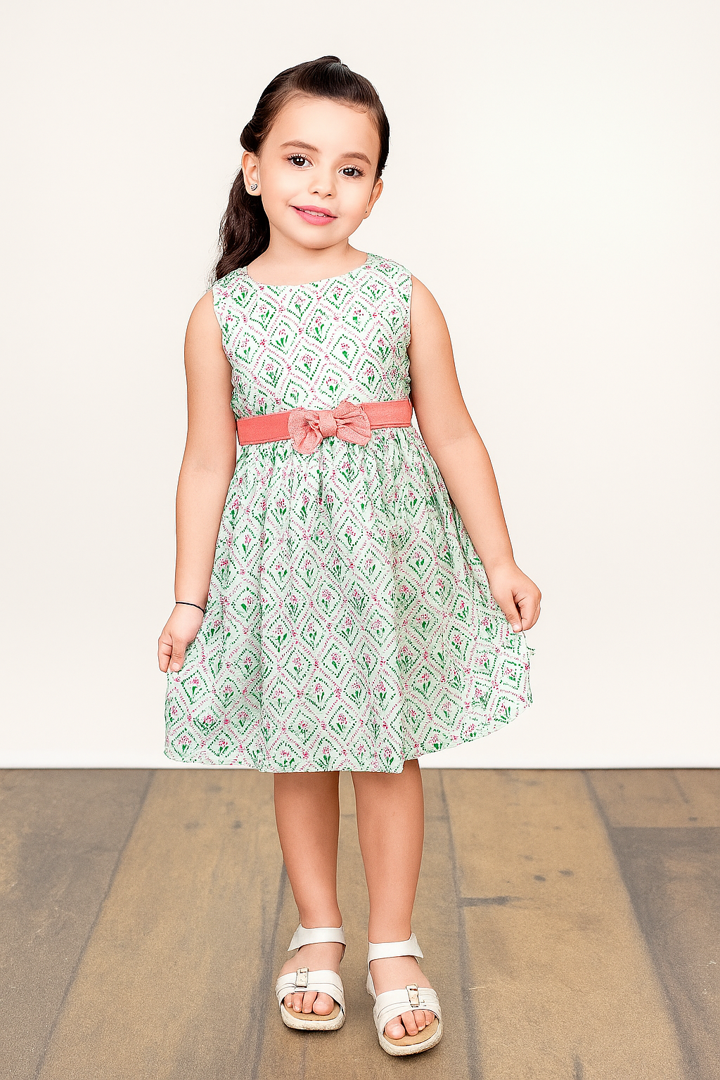 TINY TWILLS Sleeveless Fit & Flare Girls Dress – Ethnic Print with Bow Belt | Summer Cotton Dress