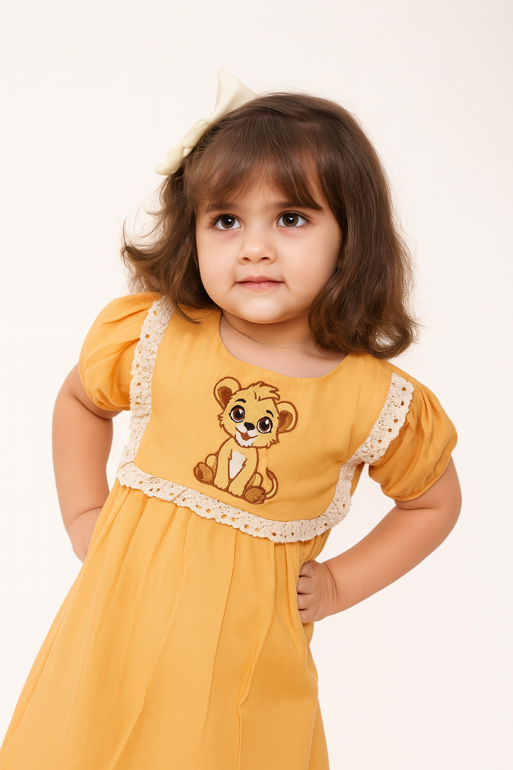 TINY TWILLS CUB EMBROIDERED FROCK WITH LACE ON YOKE