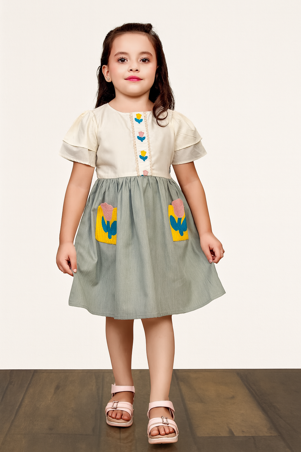 TINY TWILLS Girls Cotton Dress – Puff Sleeve Frock with Heart Button Detail and Tulip Patch Pockets | Stylish Casual Wear
