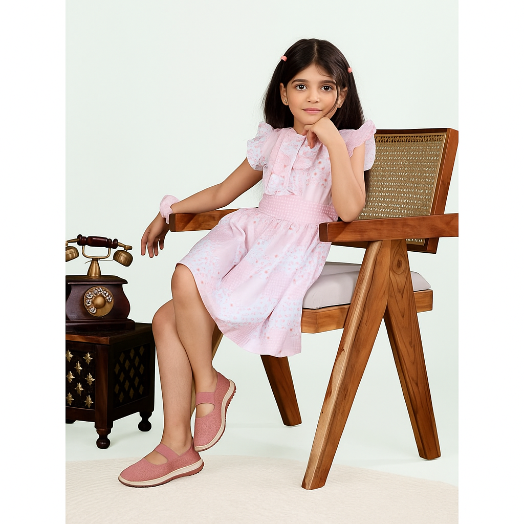 TINY TWILLS Floral Checks Printed Frock With Leaf Printed Belt & Frill